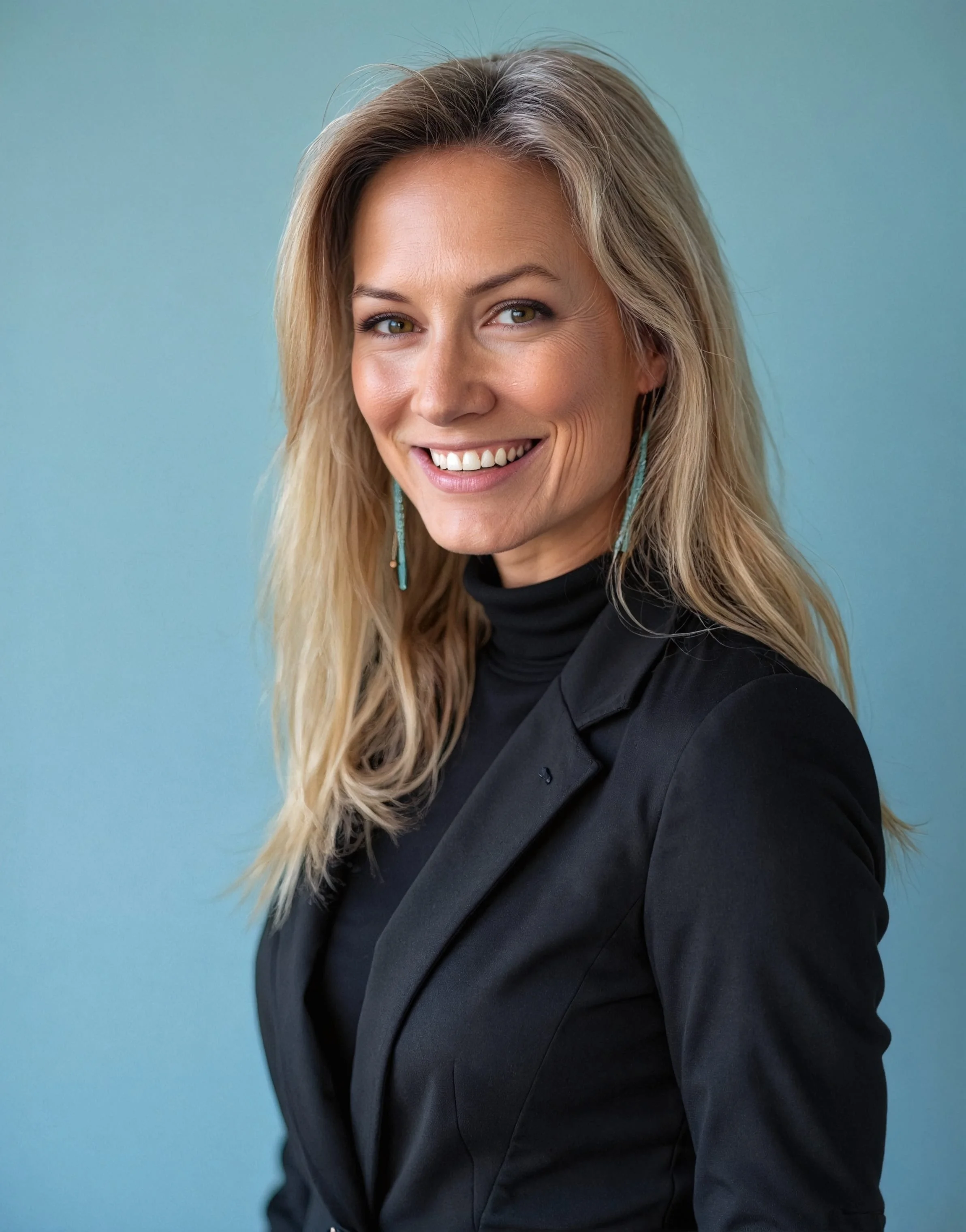 A woman smiling with blonde hair, wearing earrings and a black blazer against a light blue background.