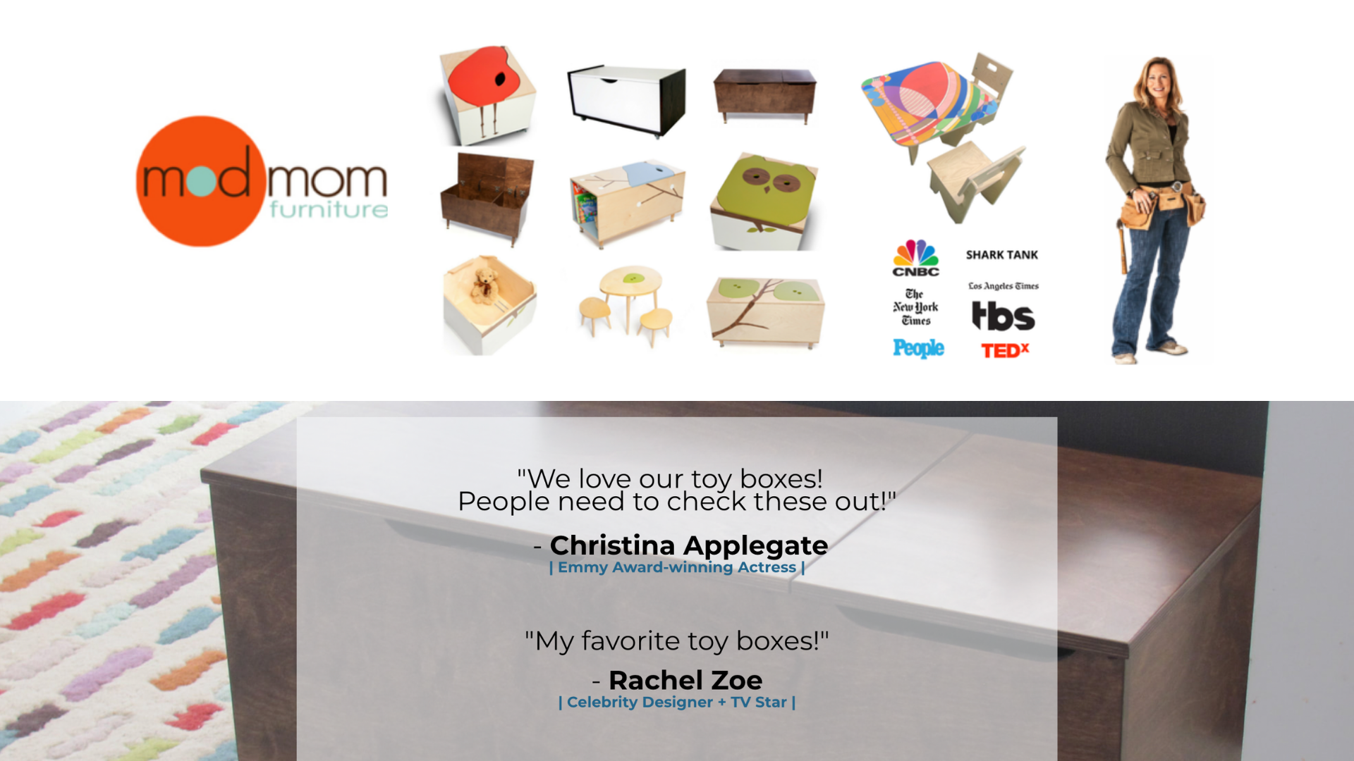 A collage of children's furniture including toy boxes, chairs, and tables, with logos of media companies and images of a woman with tools, a woman smiling, and quotes about toy boxes from celebrities.