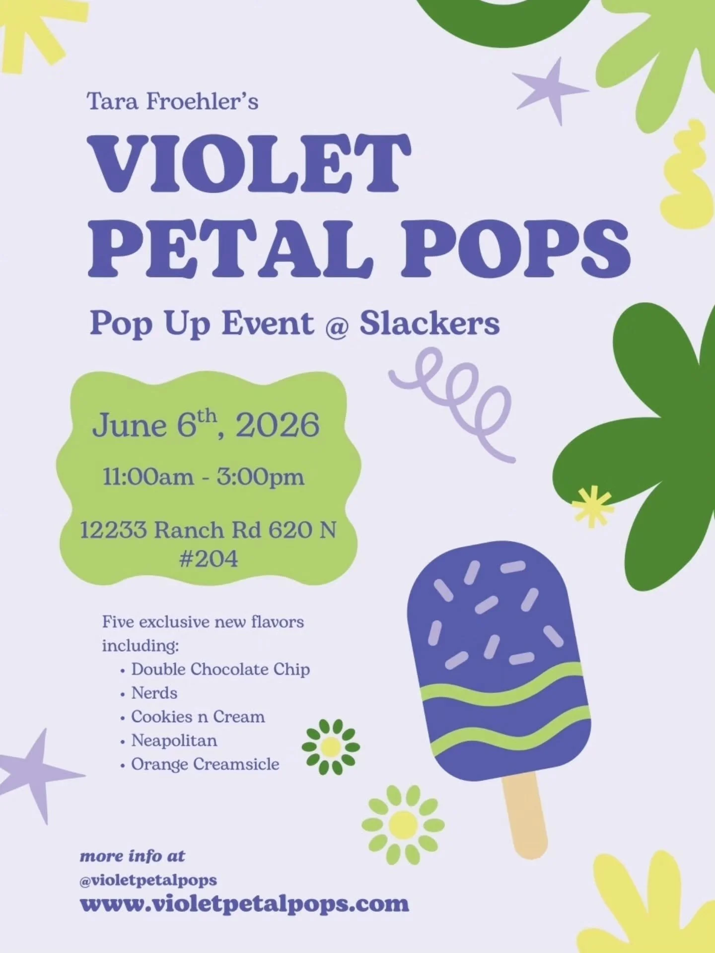 Exciting news! My first pop-up is this Saturday at @slackersbrew ~💜🌼💚~

Come by between 11am-3pm on June 6th and try one (or more) of my new five specialty cakesicles 🌸