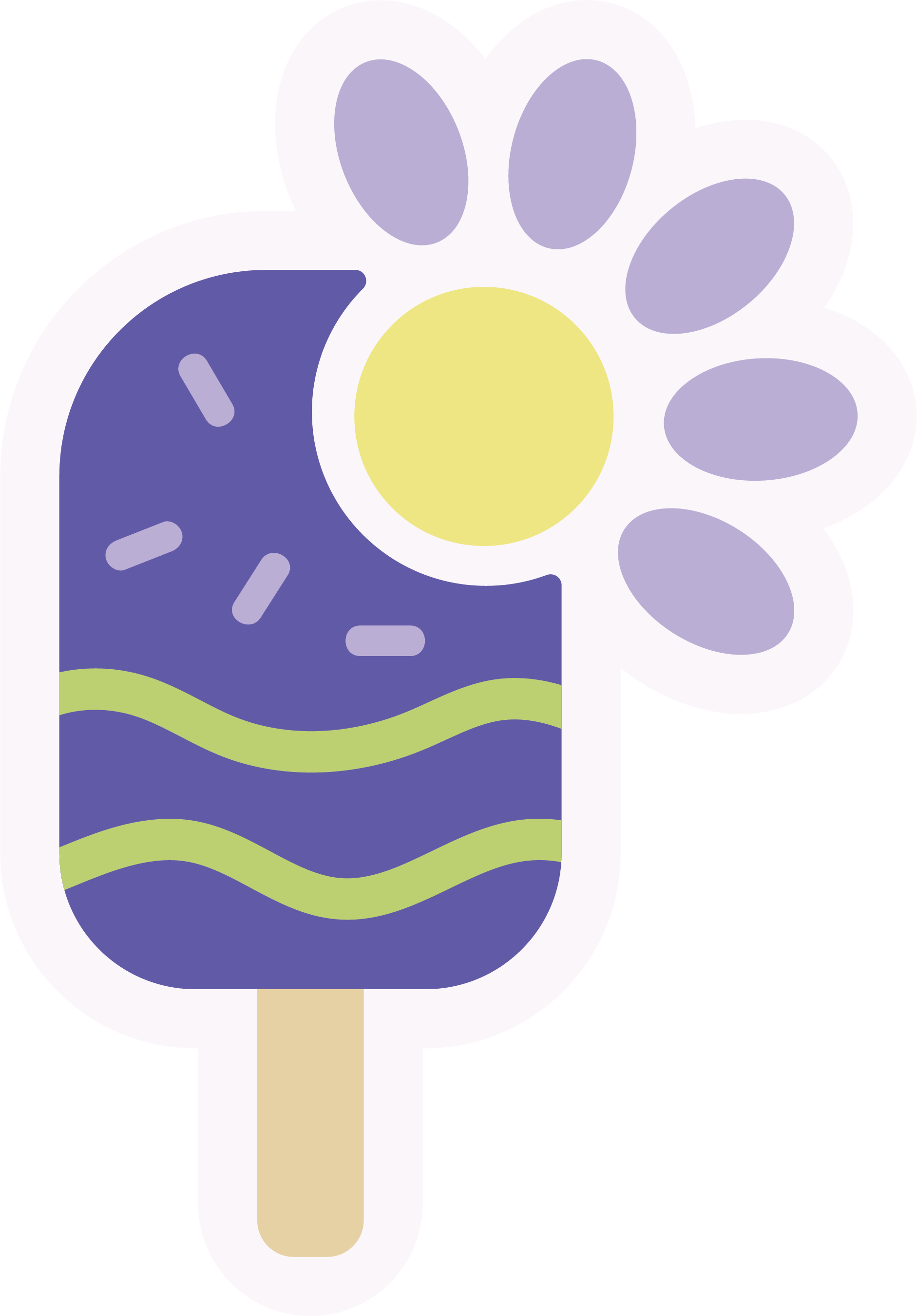 A cartoon illustration of a popsicle that looks like a flower with a yellow center, purple petals, and a green and purple striped stick.