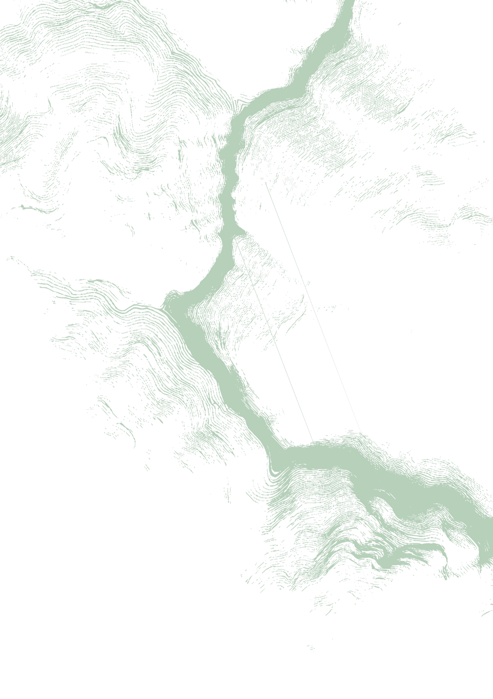 Line art of a river flowing through mountainous terrain with lines representing elevation.