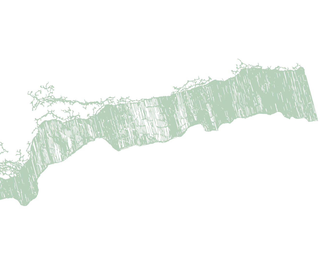 A stylized map of a region with a long, curved shape on a black background, showing roads and natural features.