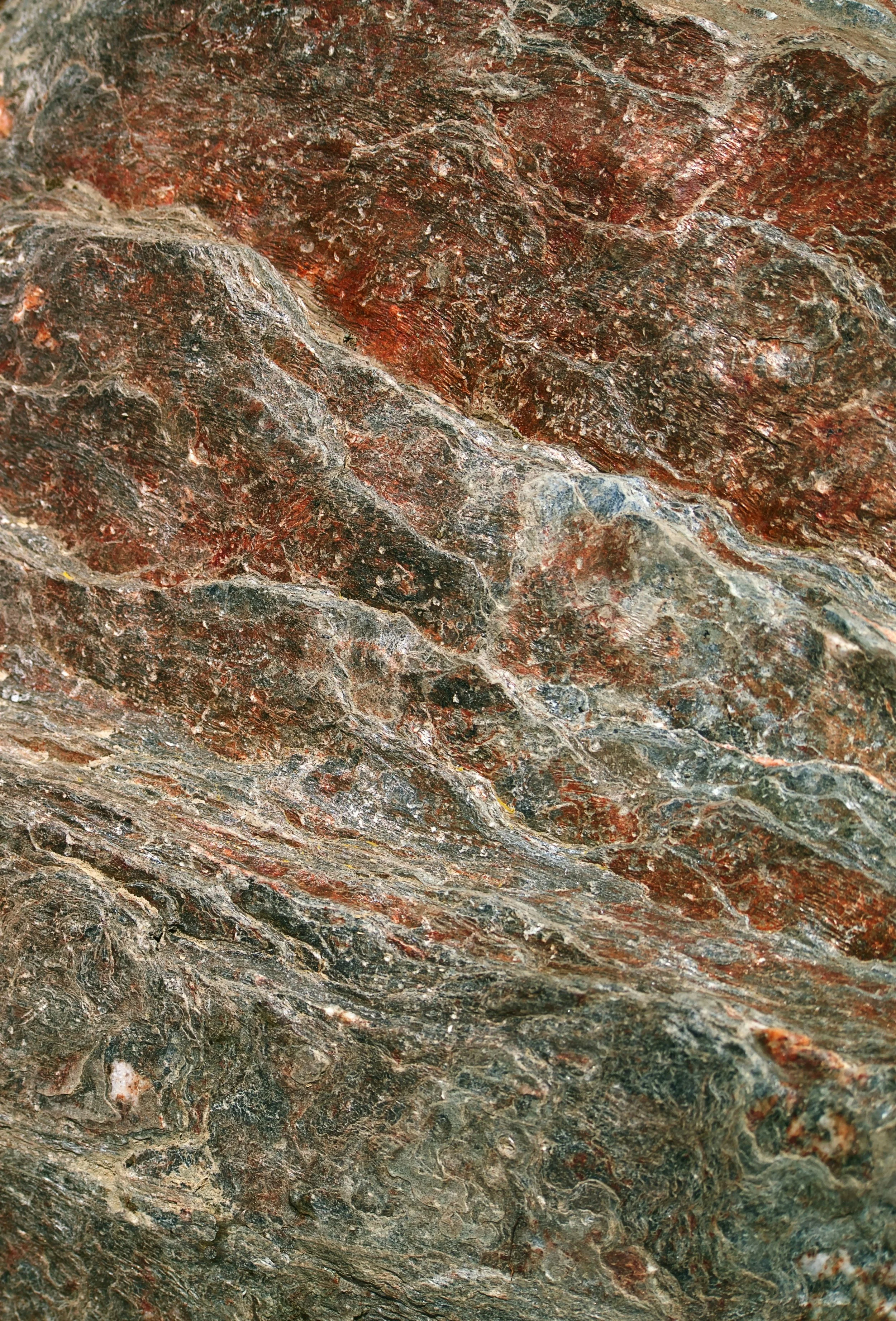 Close-up view of a textured, multicolored rock surface with layers of red, gray, black, and white minerals.