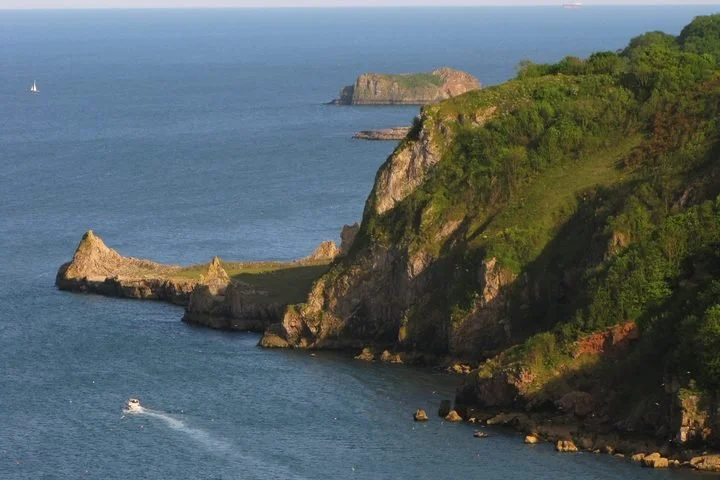Cliffside coastline with green vegetation and rocks, ocean with small boats, and distant islands.