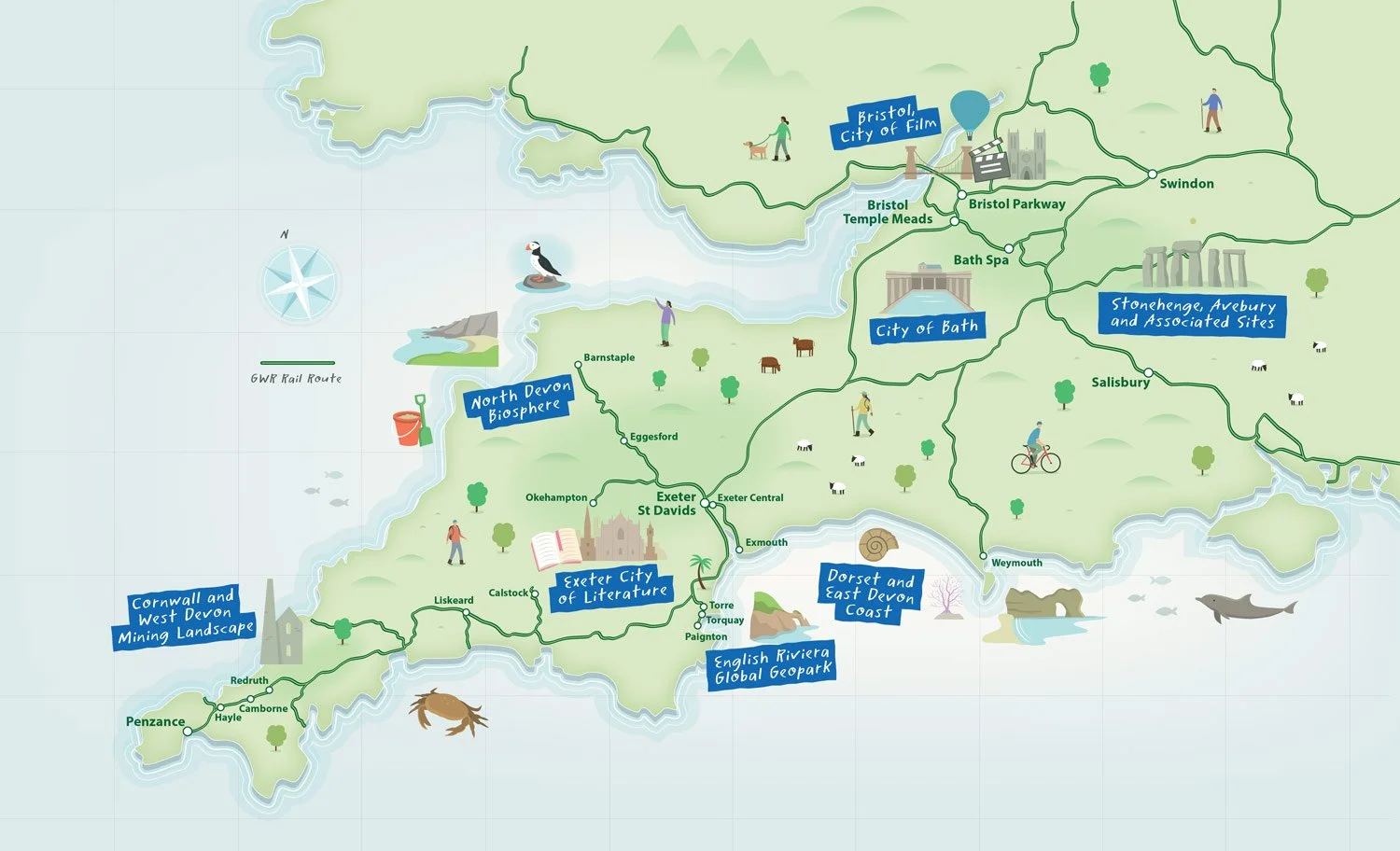 Map of southwestern England highlighting various locations including Cornwall, Devon, Exmouth, Exeter, and Bristol with icons representing landmarks, nature, and activities.