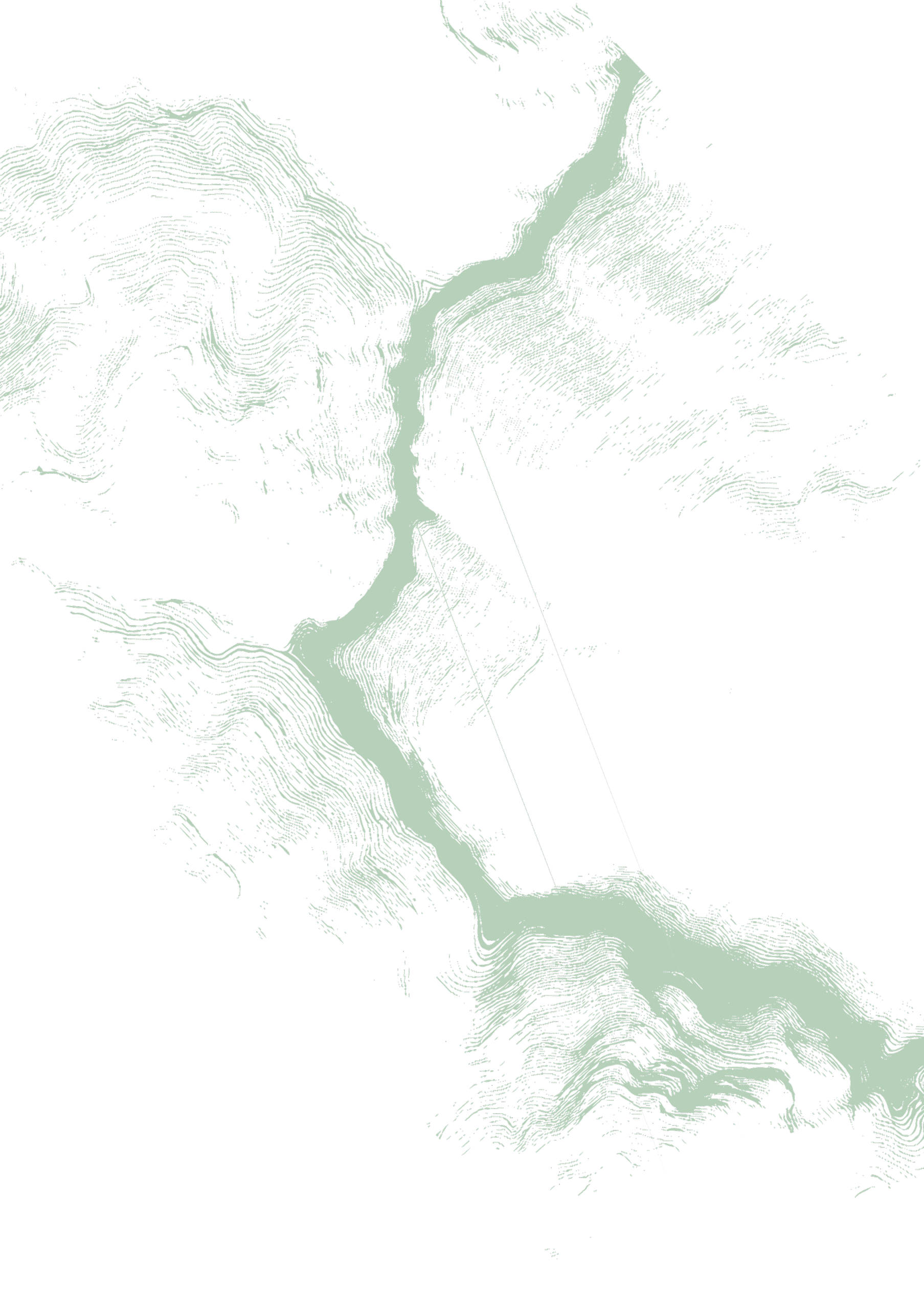 A topographic map with contour lines showing elevation and a waterway running through the area.