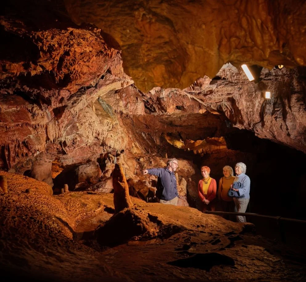 Group of four people touring a cave with rocky formations. A guide is pointing and explaining. The cave features stalactites and stalagmites.