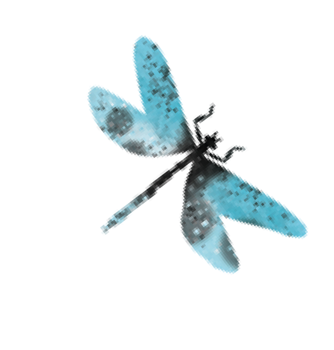 A pixelated image of a drone with blue and black coloring.