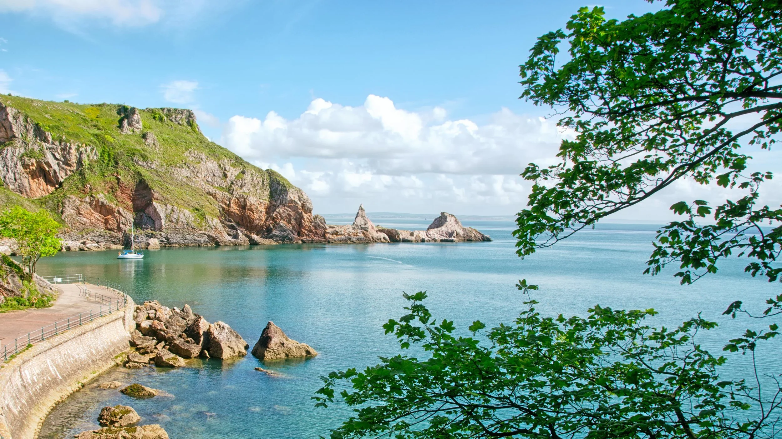 Scenic coastal view of a bay with a sailboat near green cliffs, a stone breakwater, and lush tree branches in the foreground on a clear day.