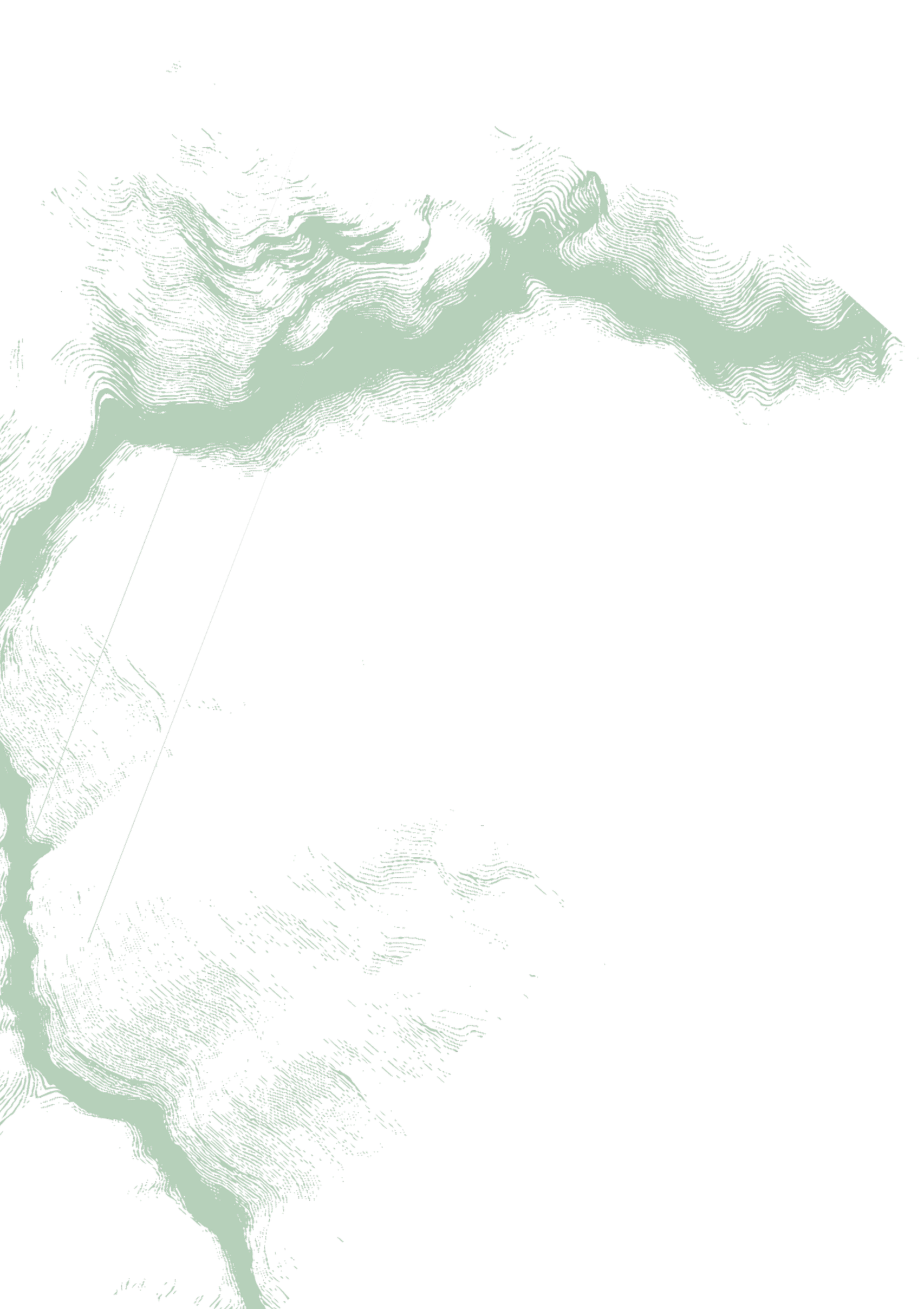 3D topographic map with contour lines in light green against a black background, showing elevation changes and terrain features.