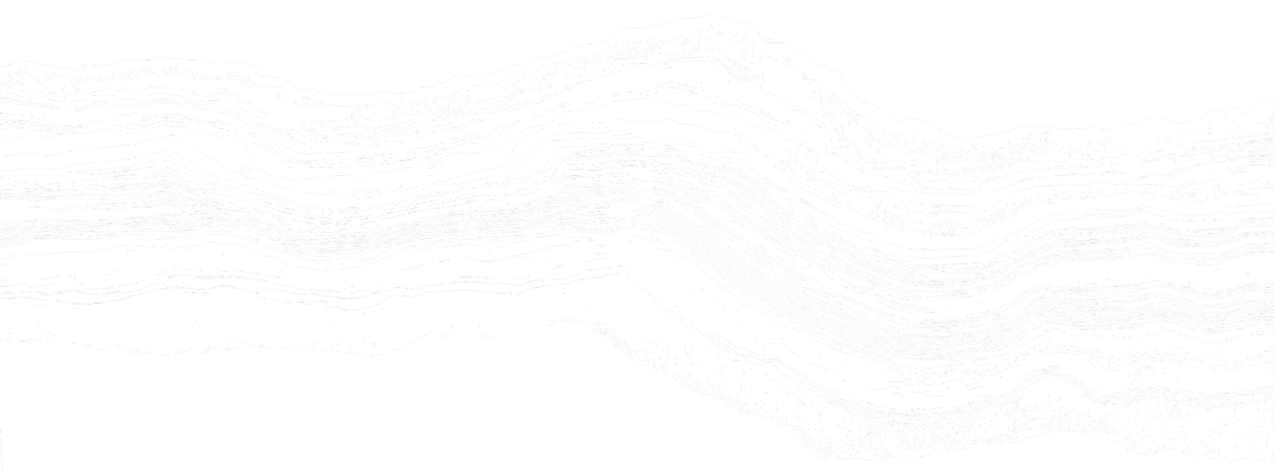 Black and white abstract landscape with layered, curved lines resembling geological strata or mountain ranges.