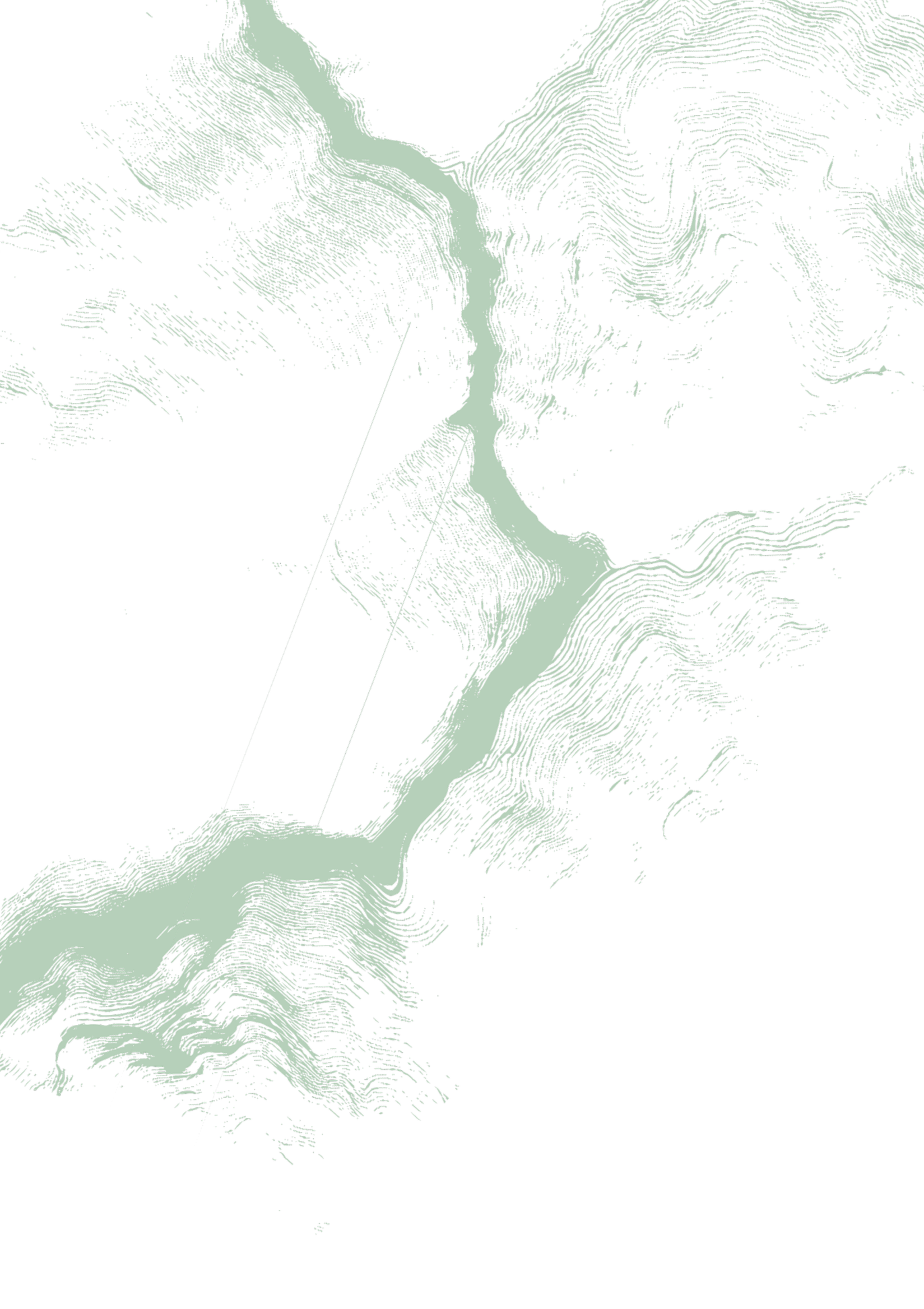 A black and white digital topographical map showing elevation lines and a body of water flowing through a mountainous area.