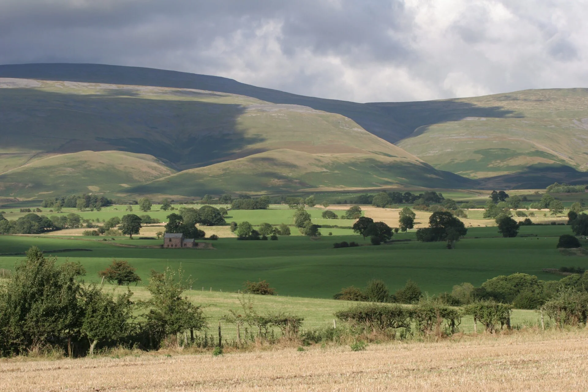 Scenic landscape of rolling green hills and mountains under cloudy sky, with scattered trees and a small stone building in the foreground.