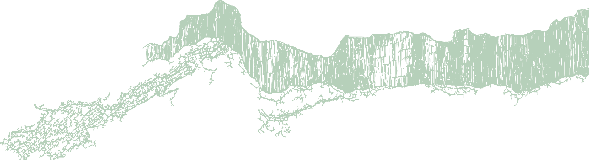 A digital line art landscape of mountains with tall peaks and a forested valley beneath, depicted in a stylized, simplified manner with a black background.