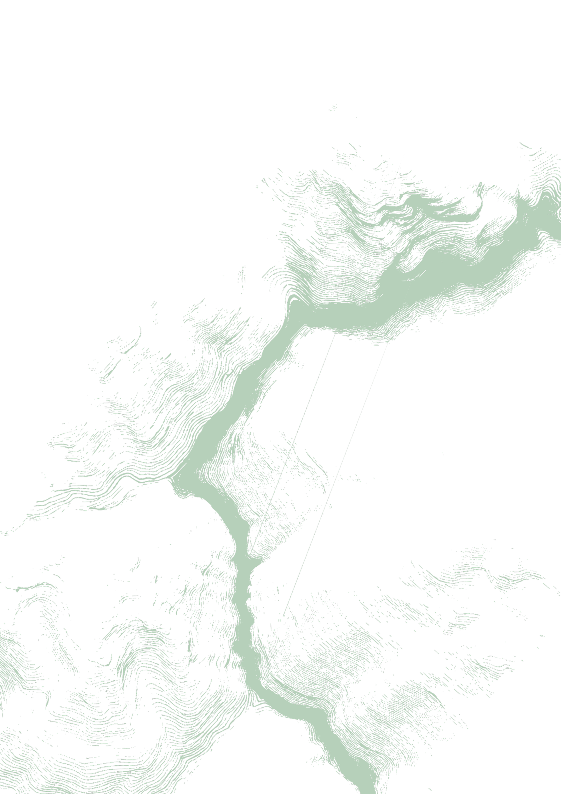 Black background with white contour lines representing terrain or topography, with a large, winding, river-like feature flowing through the center.