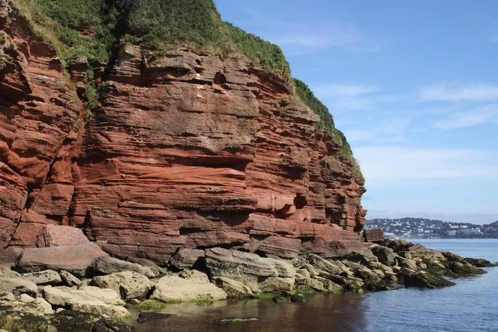 Cliffside with reddish-brown layered rocks and green vegetation at the top, next to calm water under a blue sky.