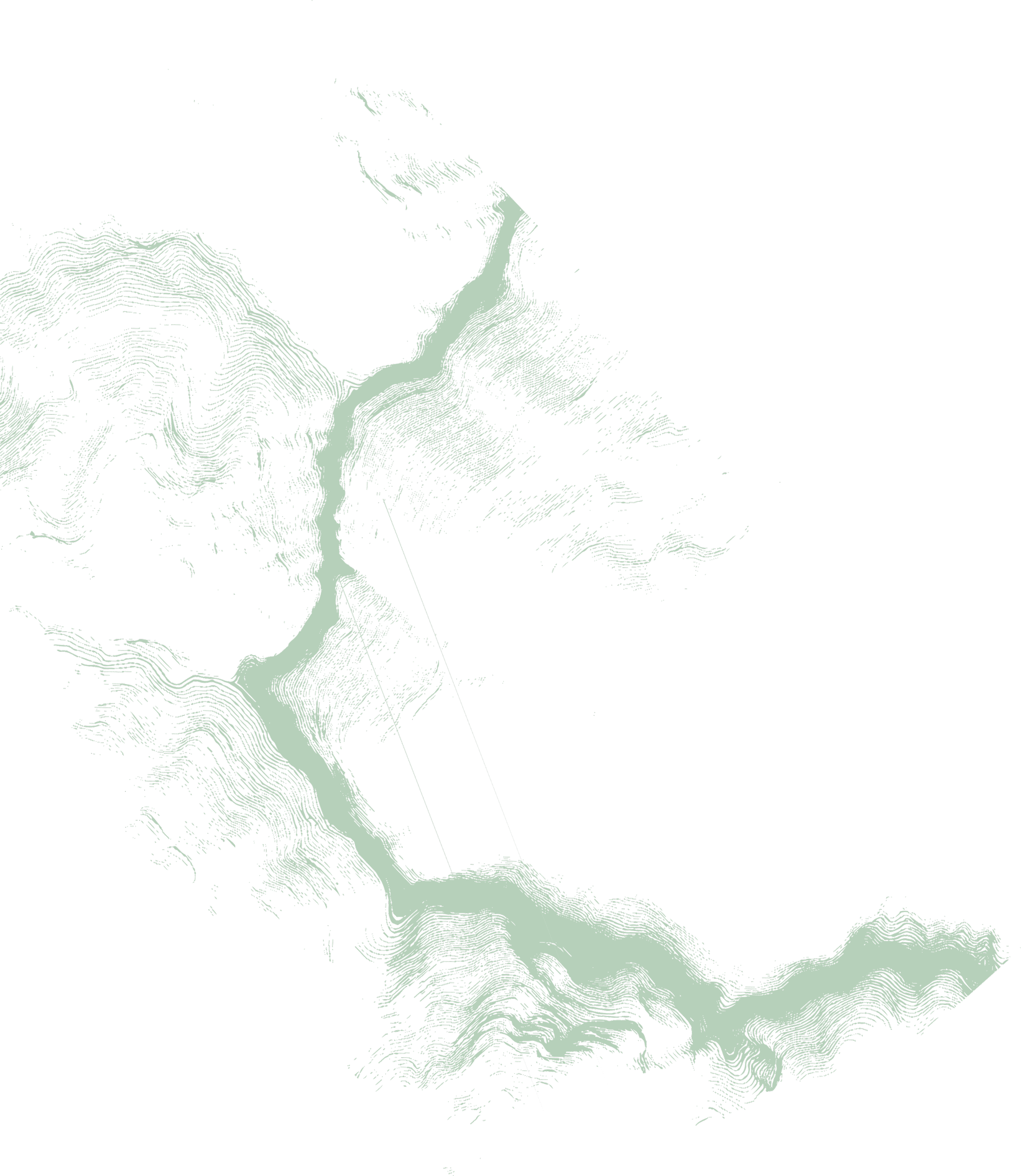 A topographical map of a winding river and surrounding terrain in black and light green, with contour lines indicating elevation.