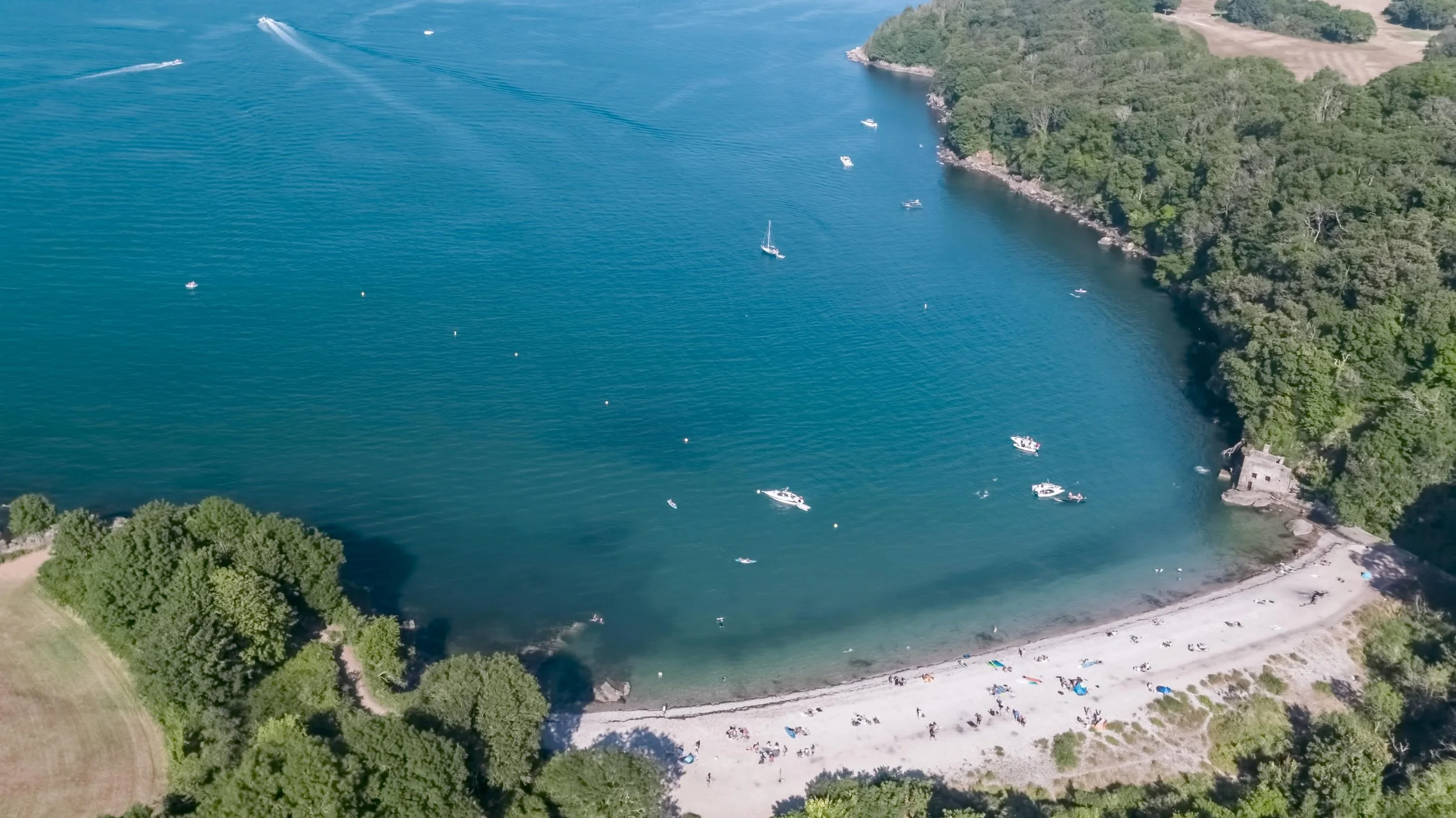 An aerial view of a lake with boats, surrounded by lush green trees and a sandy beach with people relaxing on it.