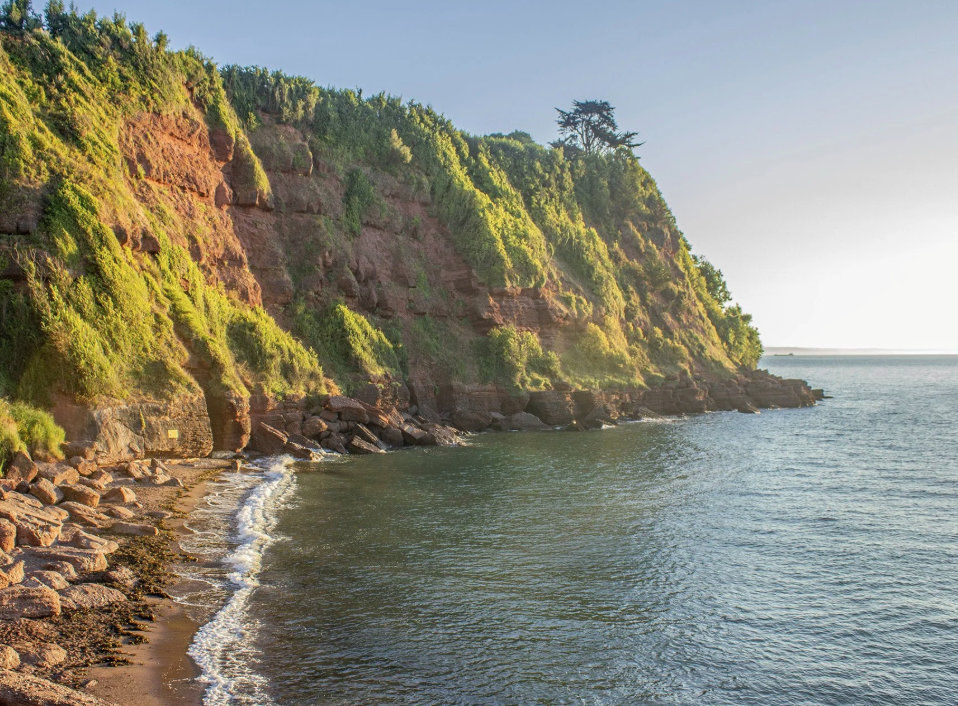 Sunlit coastal cliffs with green vegetation overlooking a calm ocean shoreline with rocks and small waves