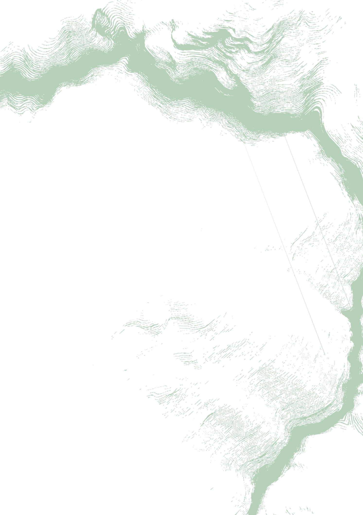 Digital topographic map with contour lines forming a landmass with various elevation levels. The map has a black background and light-colored lines.