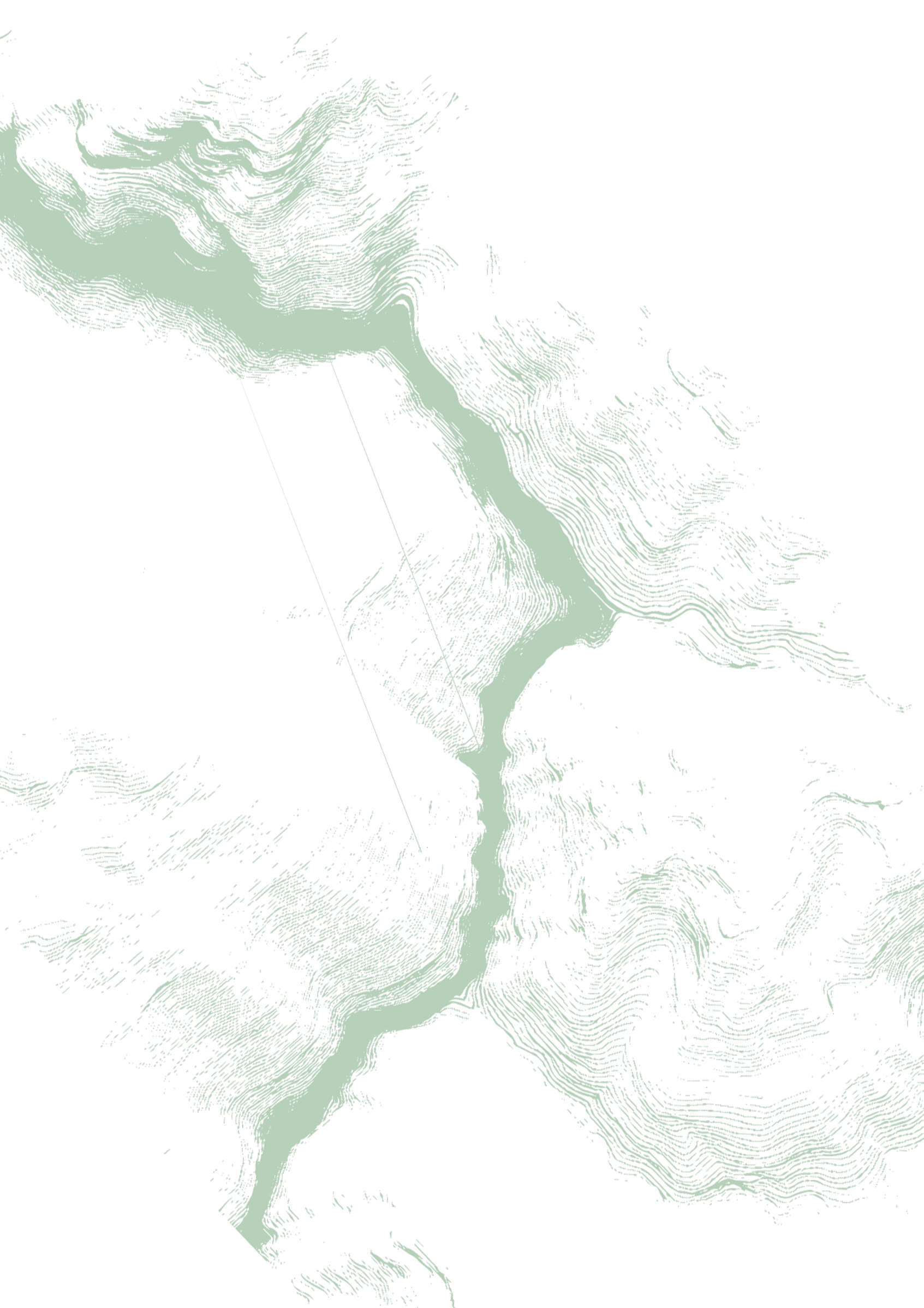 A digital topographic map with contour lines representing elevation, showcasing a river flowing through terrain with hills and valleys in a light color on a black background.