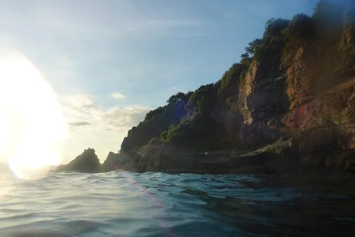Ocean waves near rugged cliffs with greenery during sunset or sunrise.