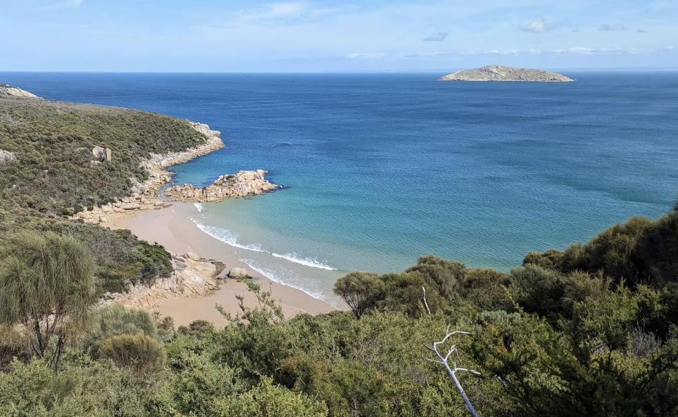 Coastal landscape featuring a sandy beach, rocky shoreline, dense green bushes, and a distant island in the ocean.