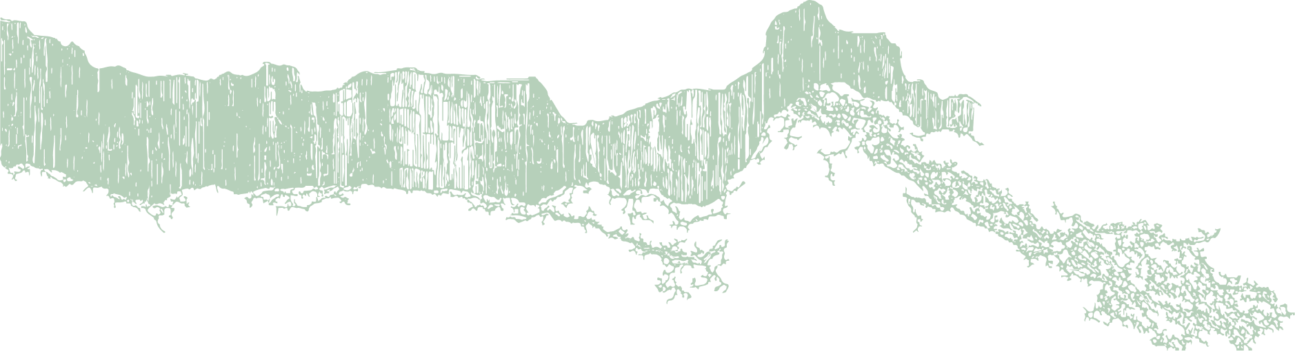 Illustration of a mountain range with sharp peaks and a tree branch extending from the center right.