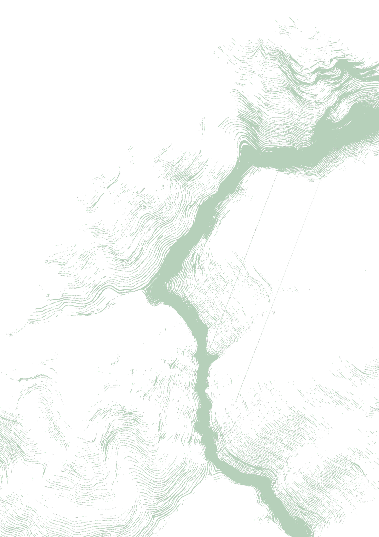 A black and white topographical map showing contour lines representing elevation levels with a river or stream flowing through the terrain.