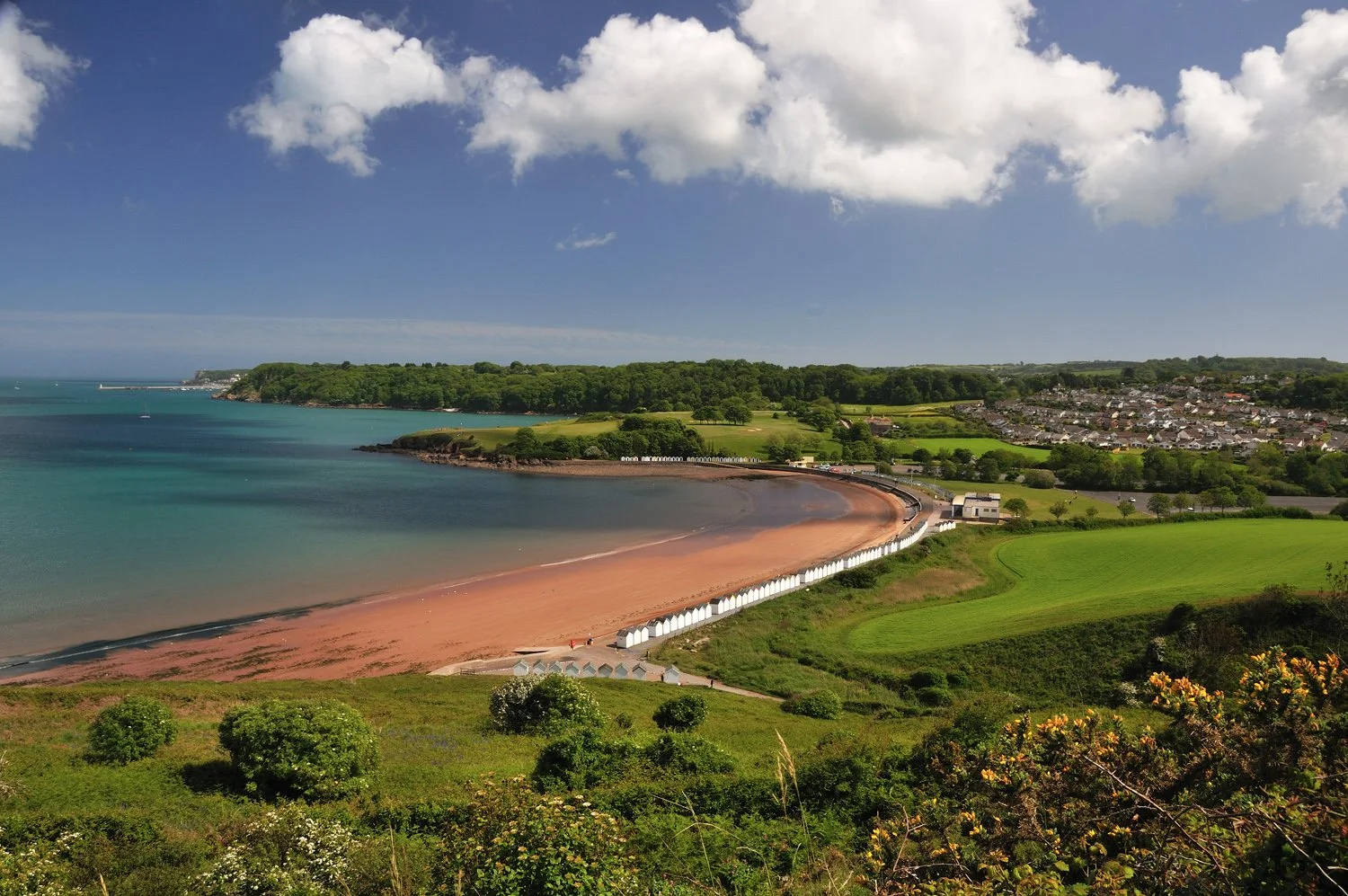 A panoramic view of a coastal landscape with a pink sandy beach, green fields, a small town, and a clear blue sky with scattered white clouds.