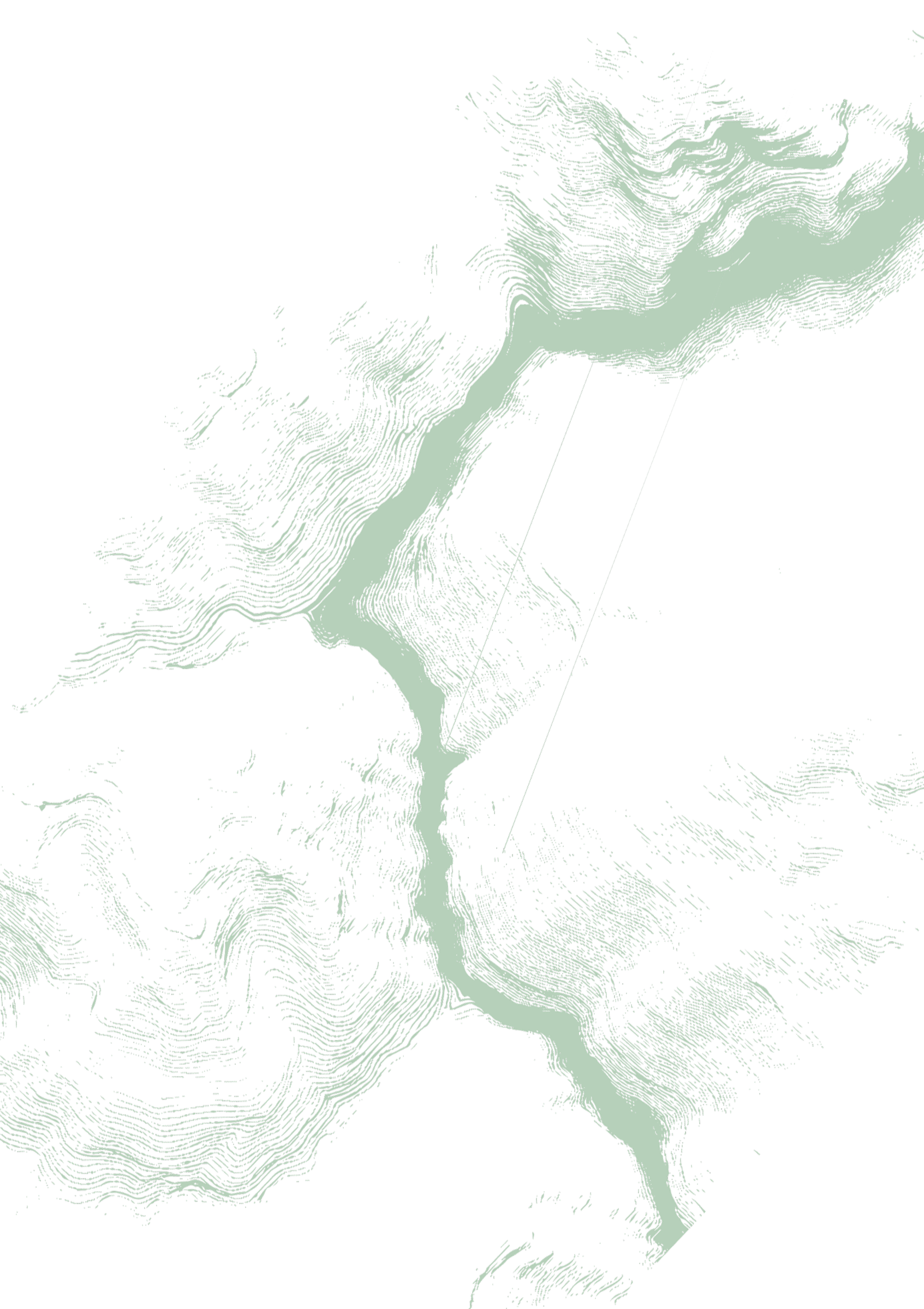 A digital elevation map showing detailed terrain contours and river pathways in dark and light shades.