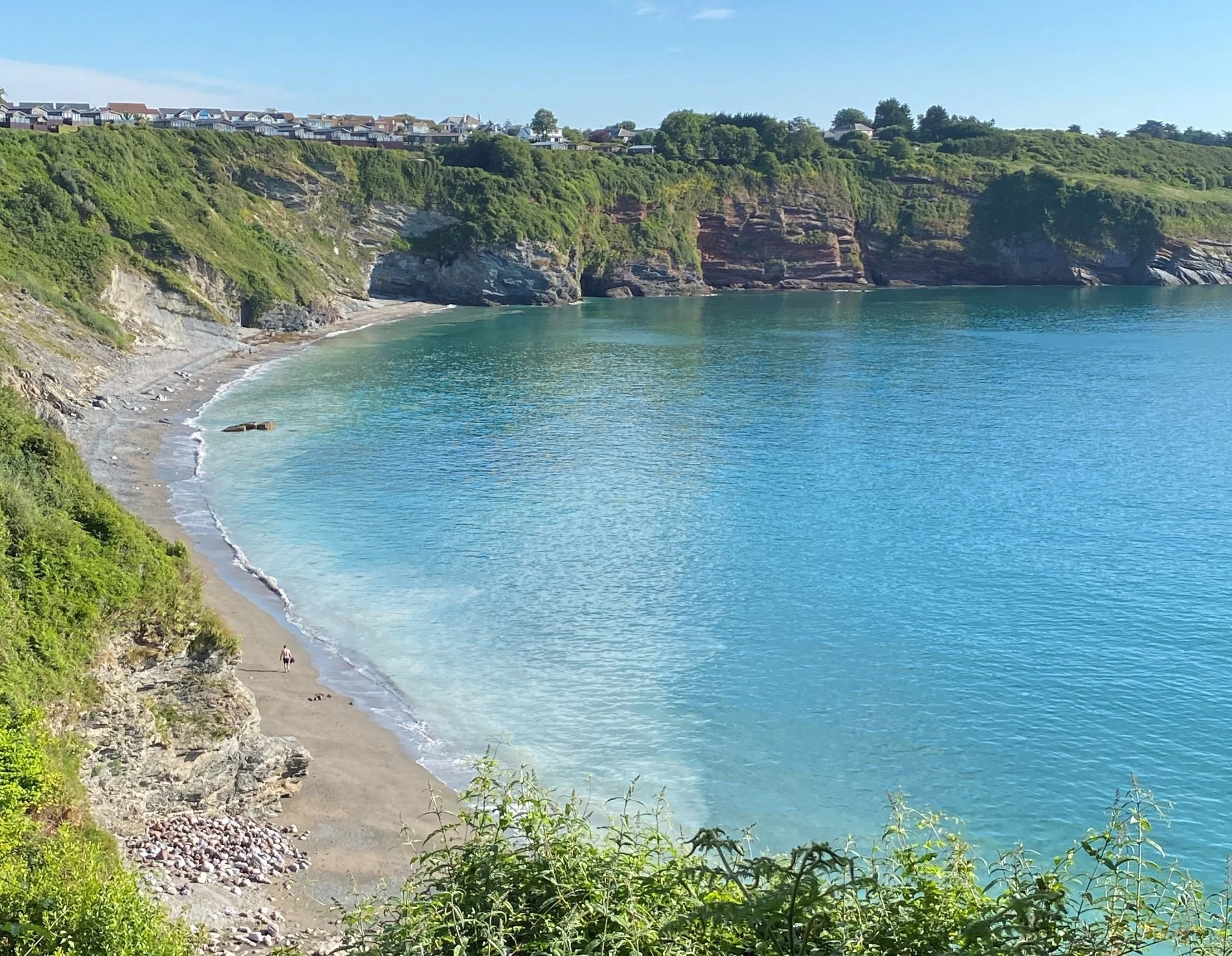 A coastal scene with a sandy beach, rocky cliffs covered in green vegetation, and houses on a hill in the background. The water is calm and blue, and there is a person walking along the beach.