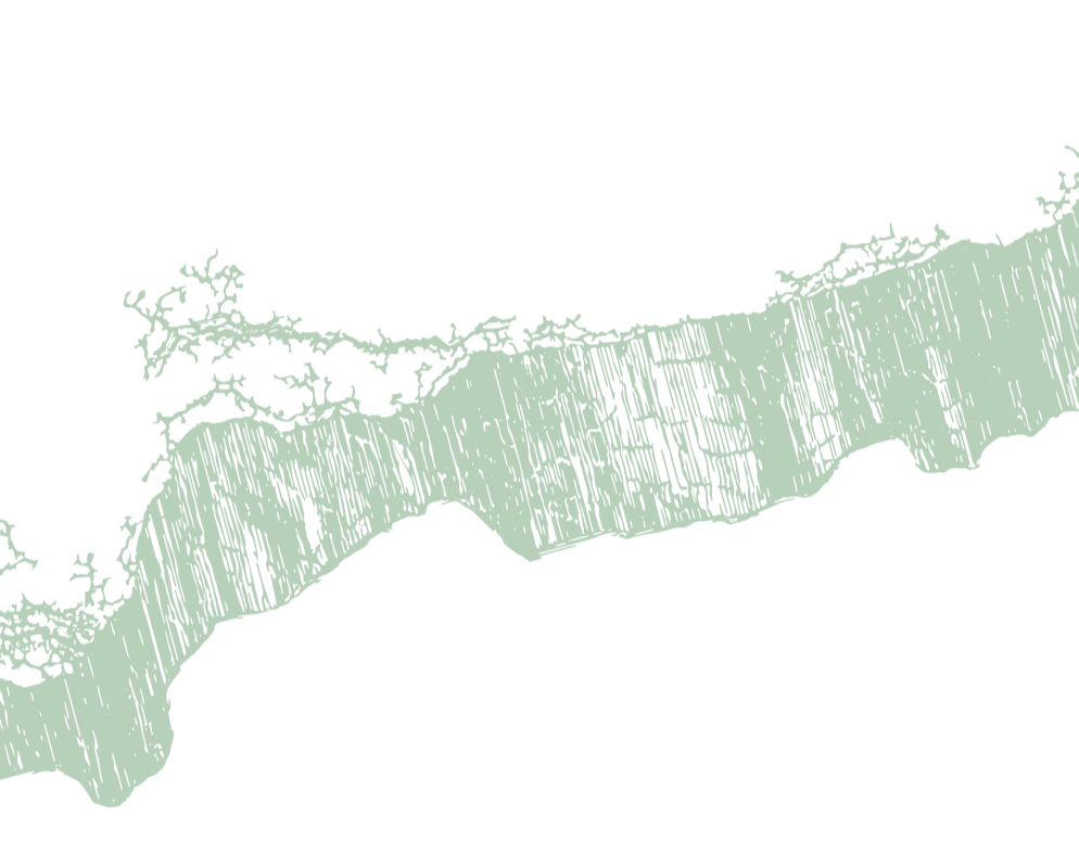 A black and white aerial map of a geographic area with irregular coastlines, waterways, and land formations.