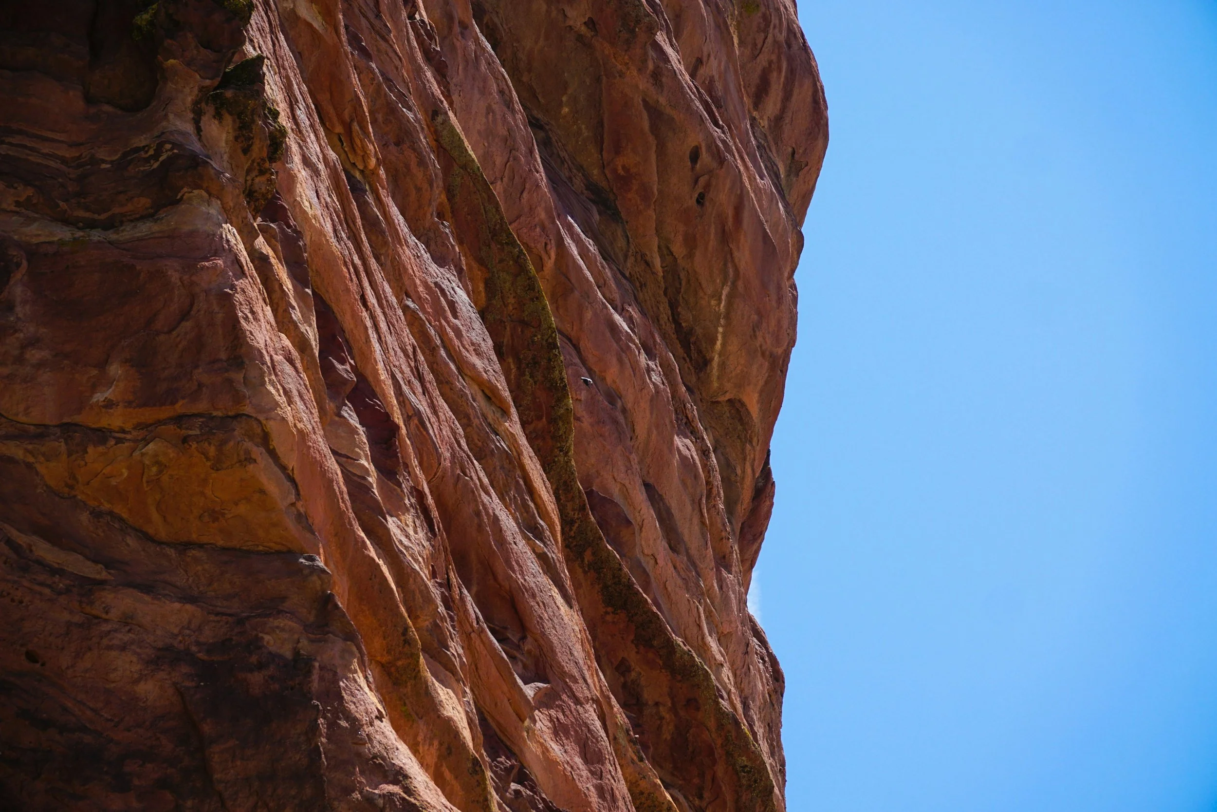 Close-up of a red rock face under a clear blue sky.