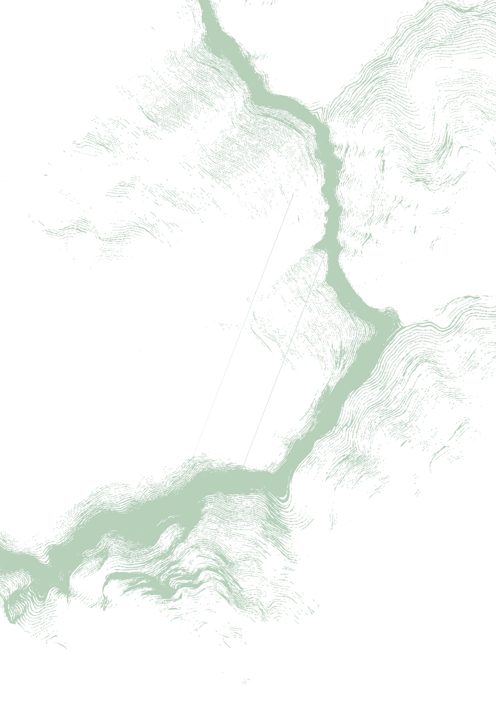 Black and white topographical map of a river or waterway with contour lines indicating elevation.