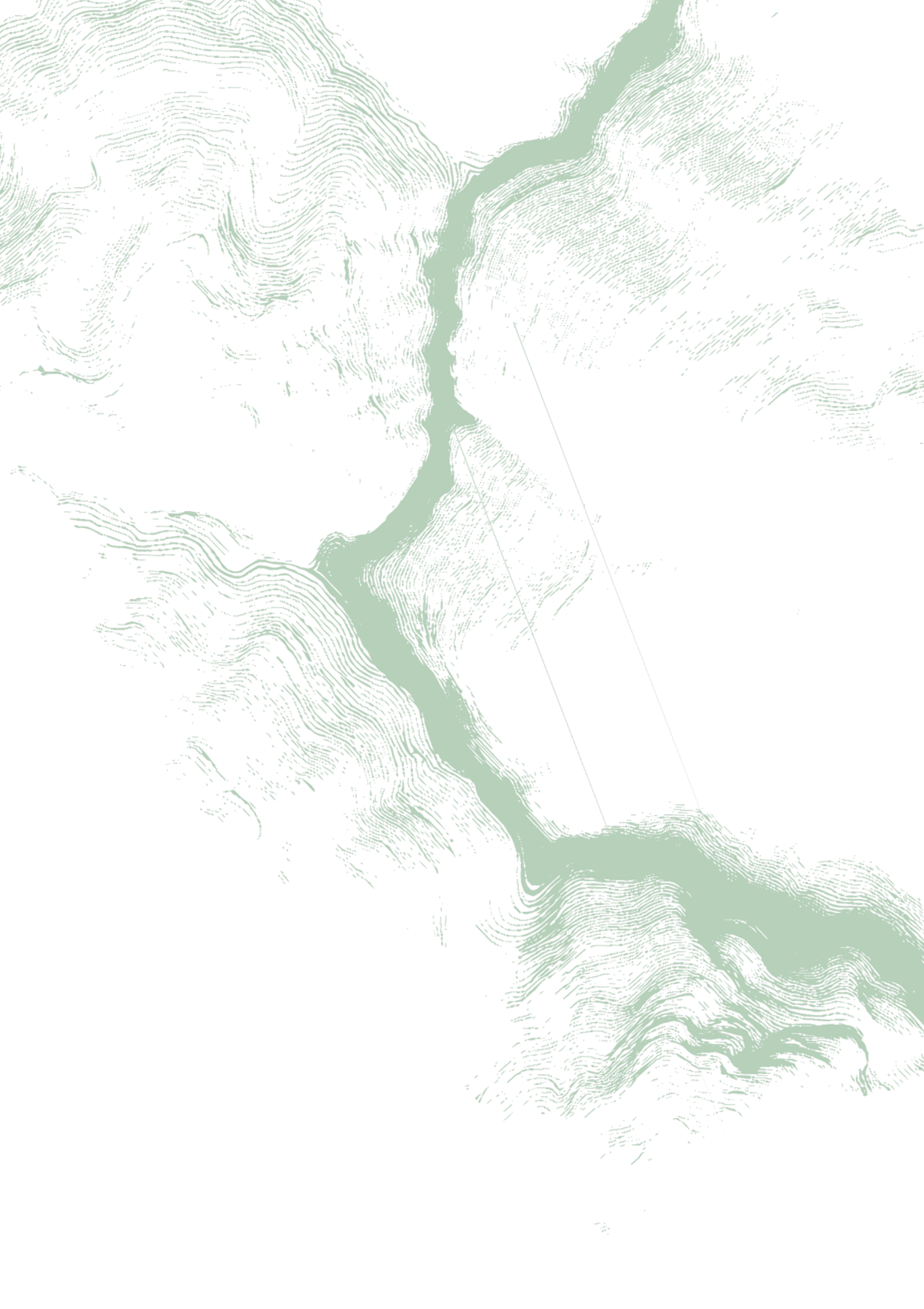 A computer-generated topographic map in black and light green colors showing a river or stream flowing through a terrain with contour lines indicating elevation changes.