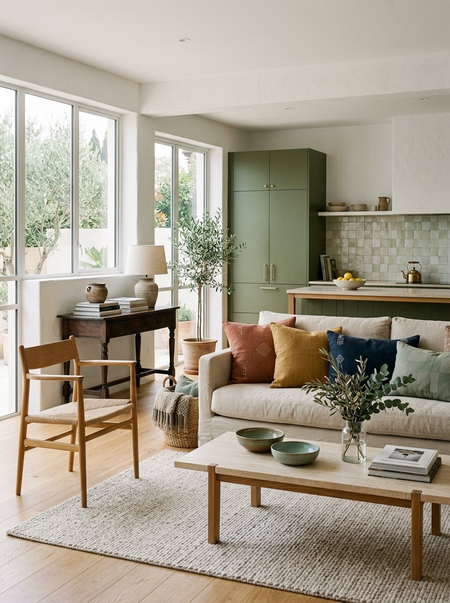 Living room with large windows, a white sofa with colorful pillows, a wooden coffee table with bowls and a plant, a wooden chair, a dark wood side table with books and a lamp, and a green kitchen cabinet
