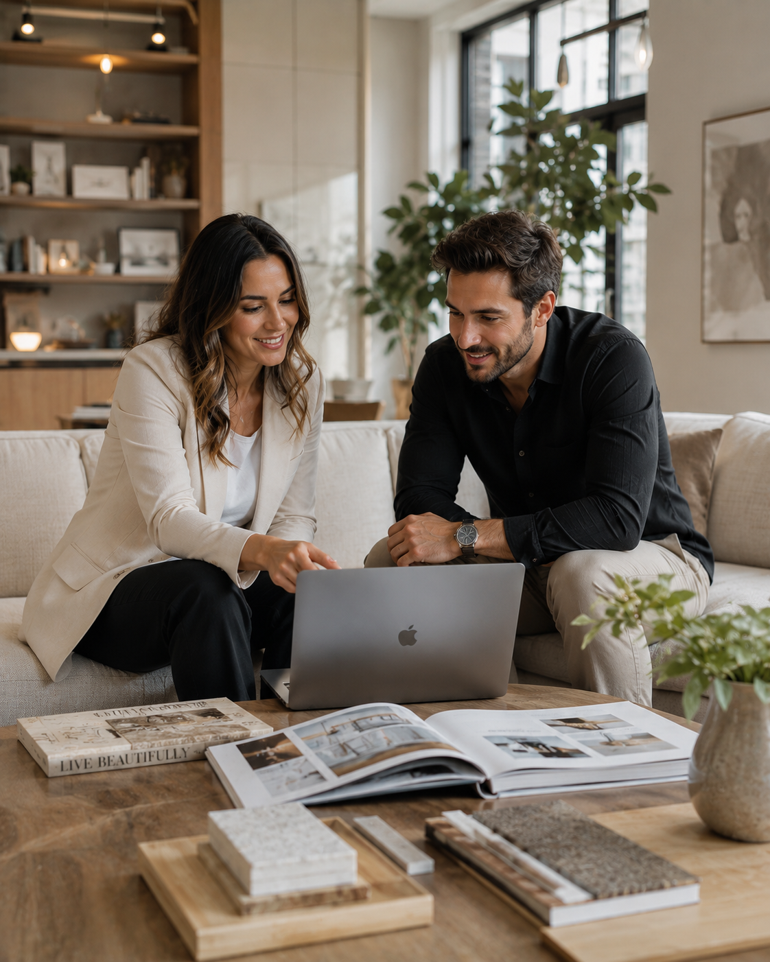 A man and woman sitting on a couch looking at a laptop, with magazines and design samples on a wooden table, in a modern living room with natural light.