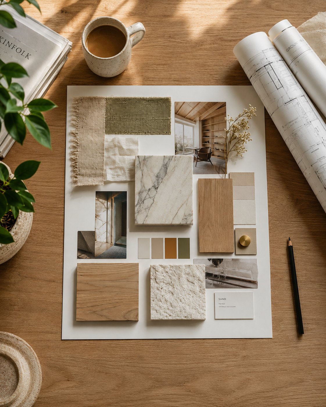 Interior design mood board with fabric swatches, marble and wood tiles, paint color samples, a small vase with flowers, and photographs of home interiors on a wooden table, accompanied by a cup of coffee, blueprint rolls, a pen, and a potted plant.