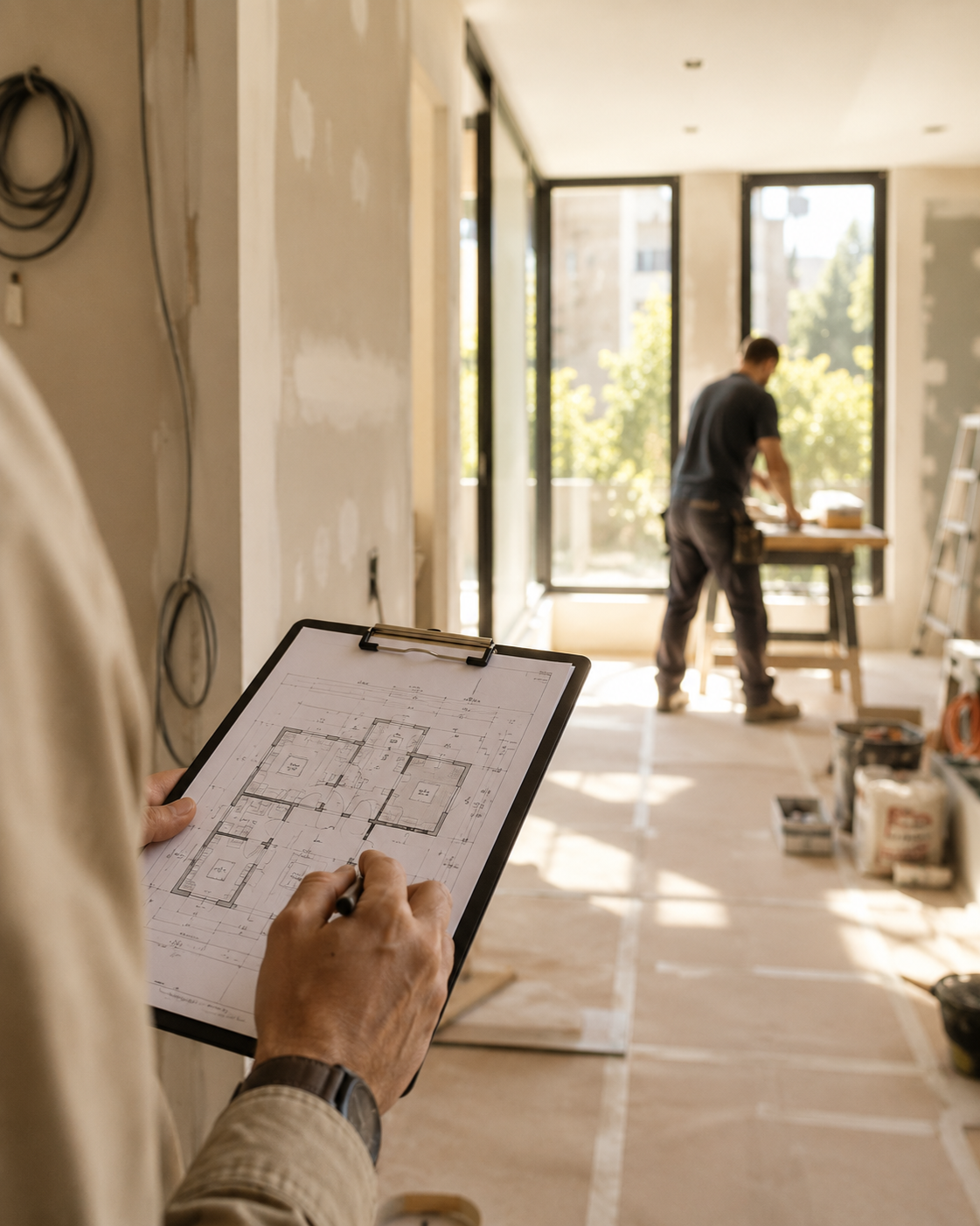Person holding a clipboard with a floor plan, working on a construction project inside a partially built room with a worker in the background near large windows, tools, and construction materials.