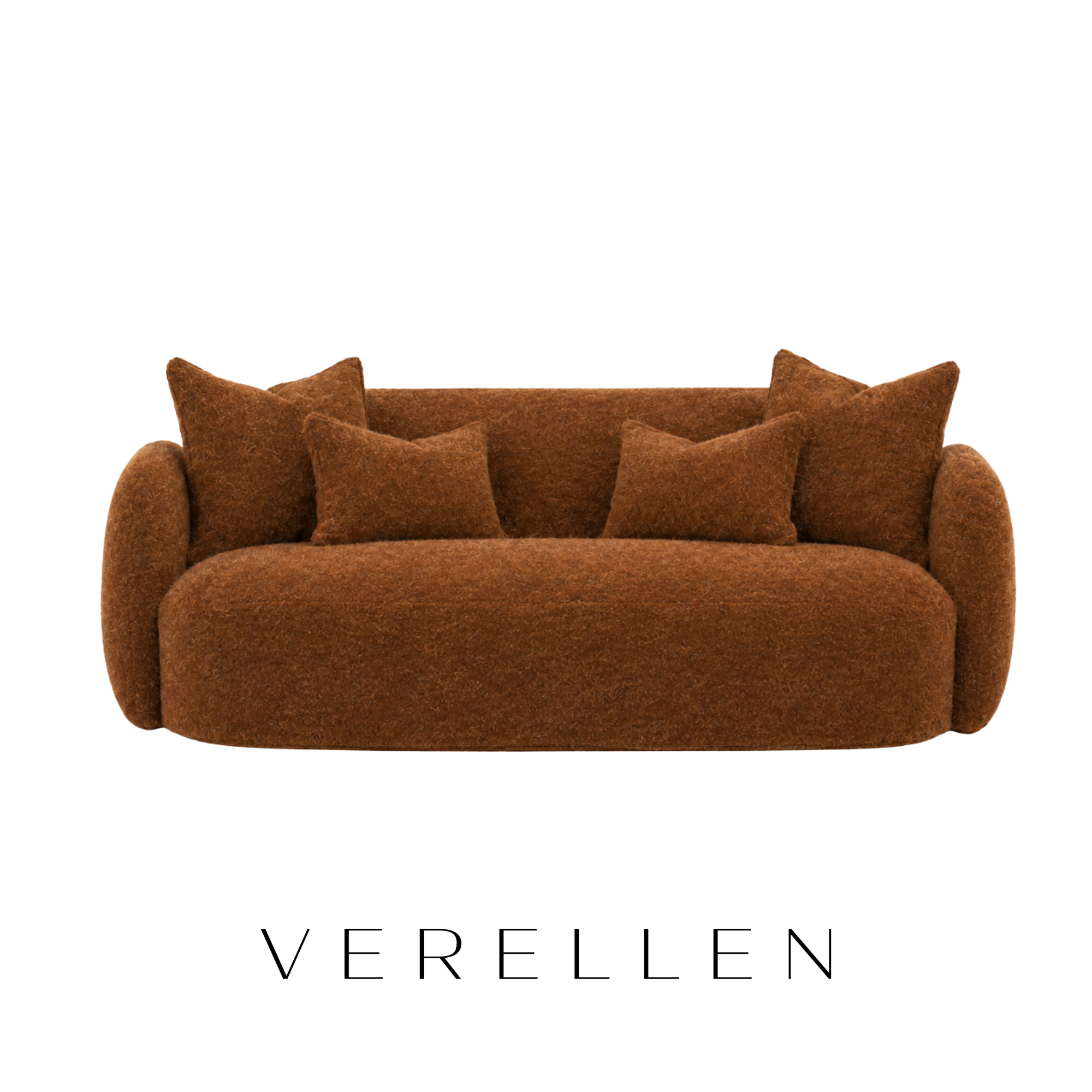 A brown, textured sofa with matching cushions with COM custom Sister Parish fabric sourced from Verellen.