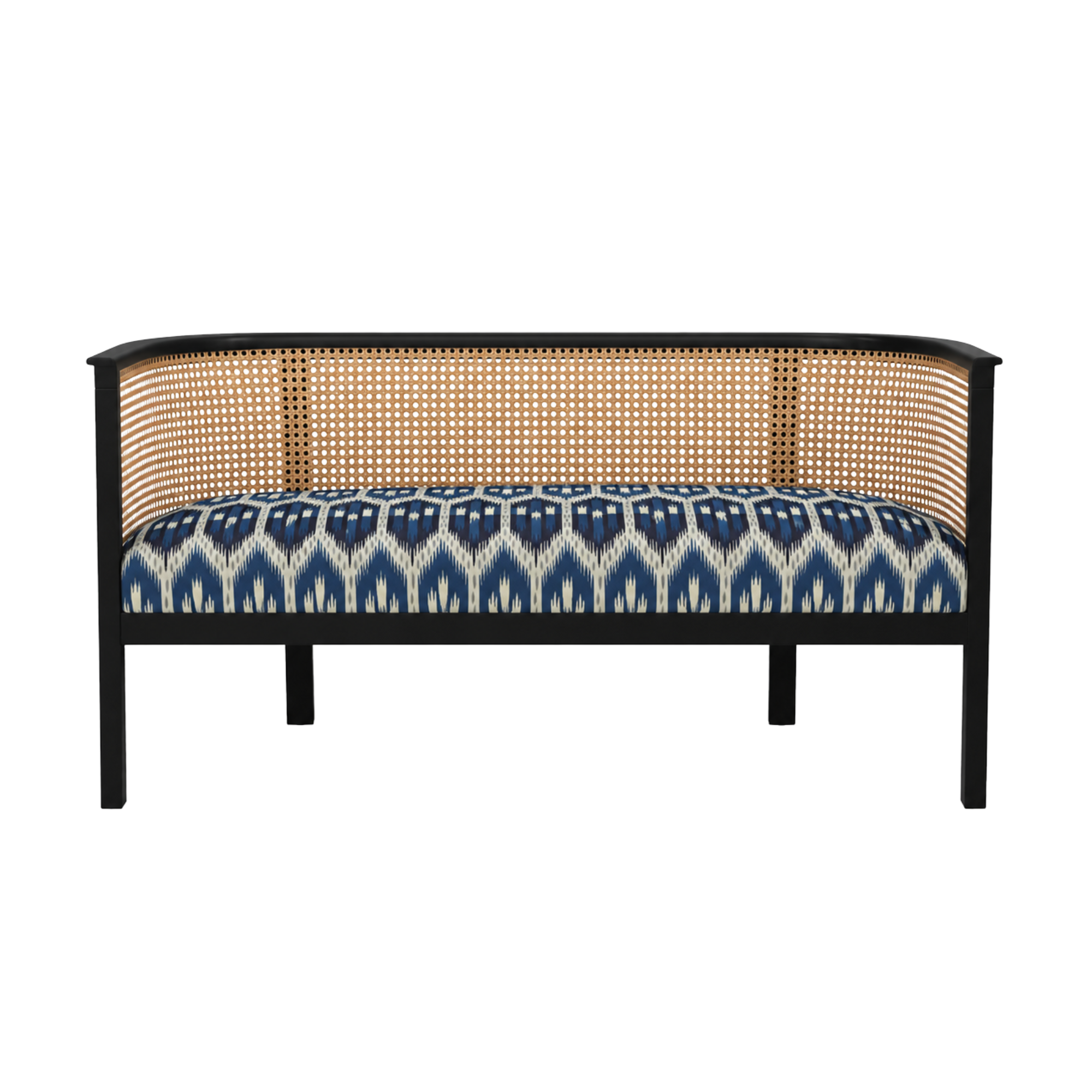 A Made Goods customized upholstered bench made from a rattan headboard and blue and white patterned Schumacher fabric.