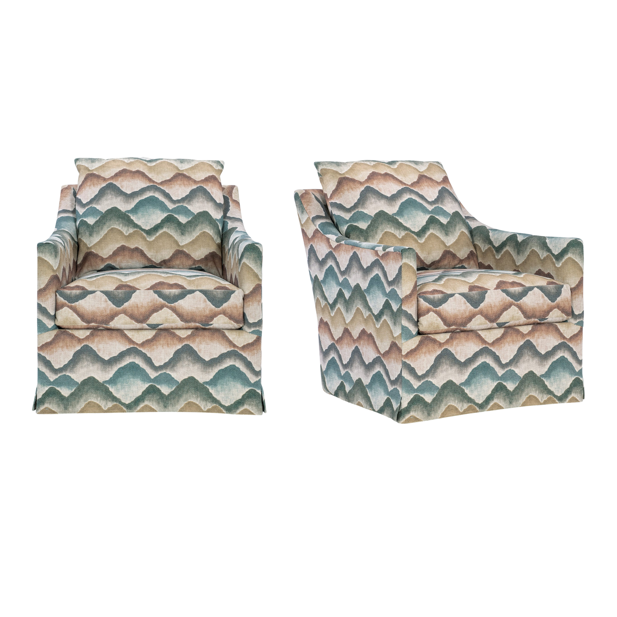 Three custom made armchairs with mountain-shaped pattern and matching cushions.