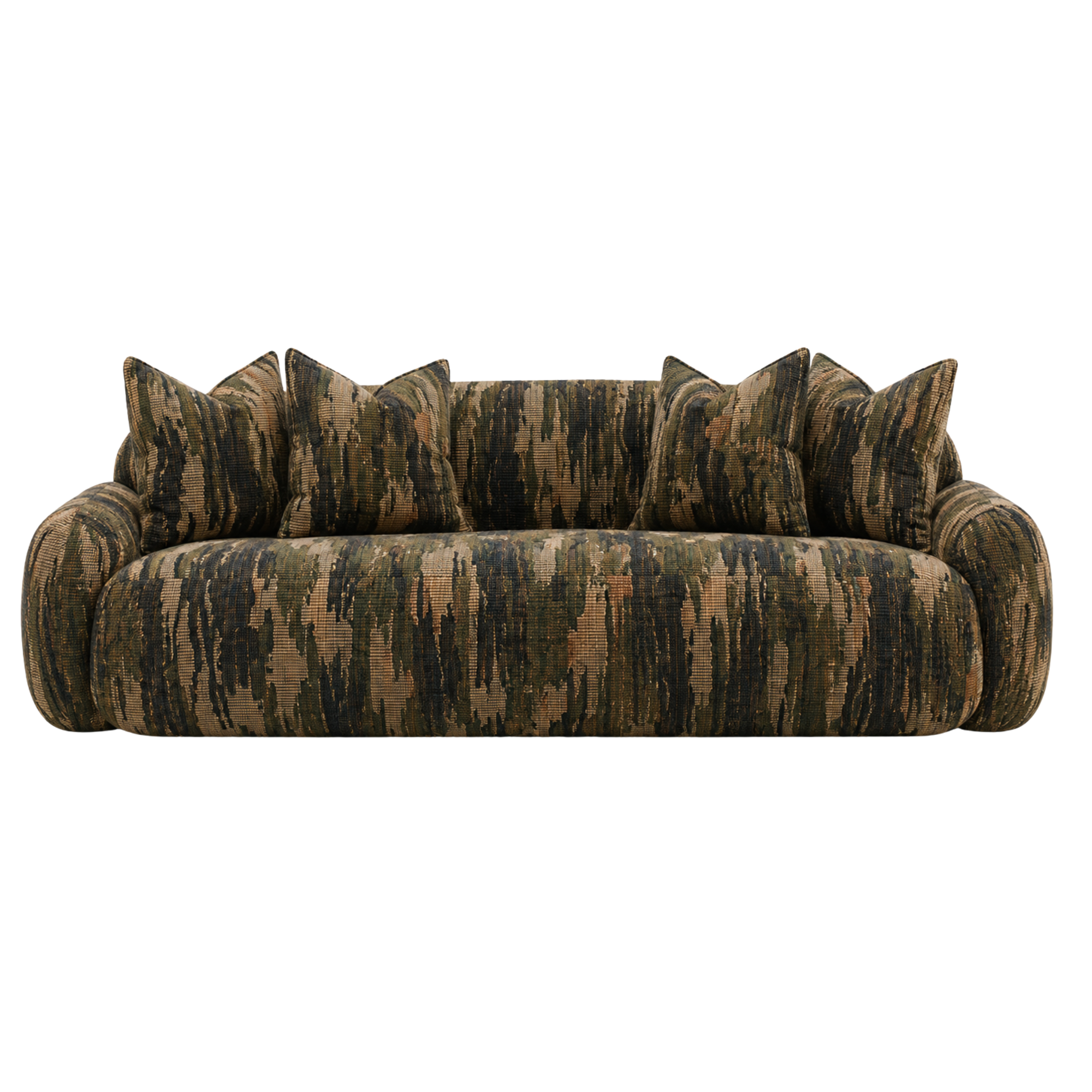 A modern customized upholstered sofa with a floral COM from Dedar with cushions from Verellen.