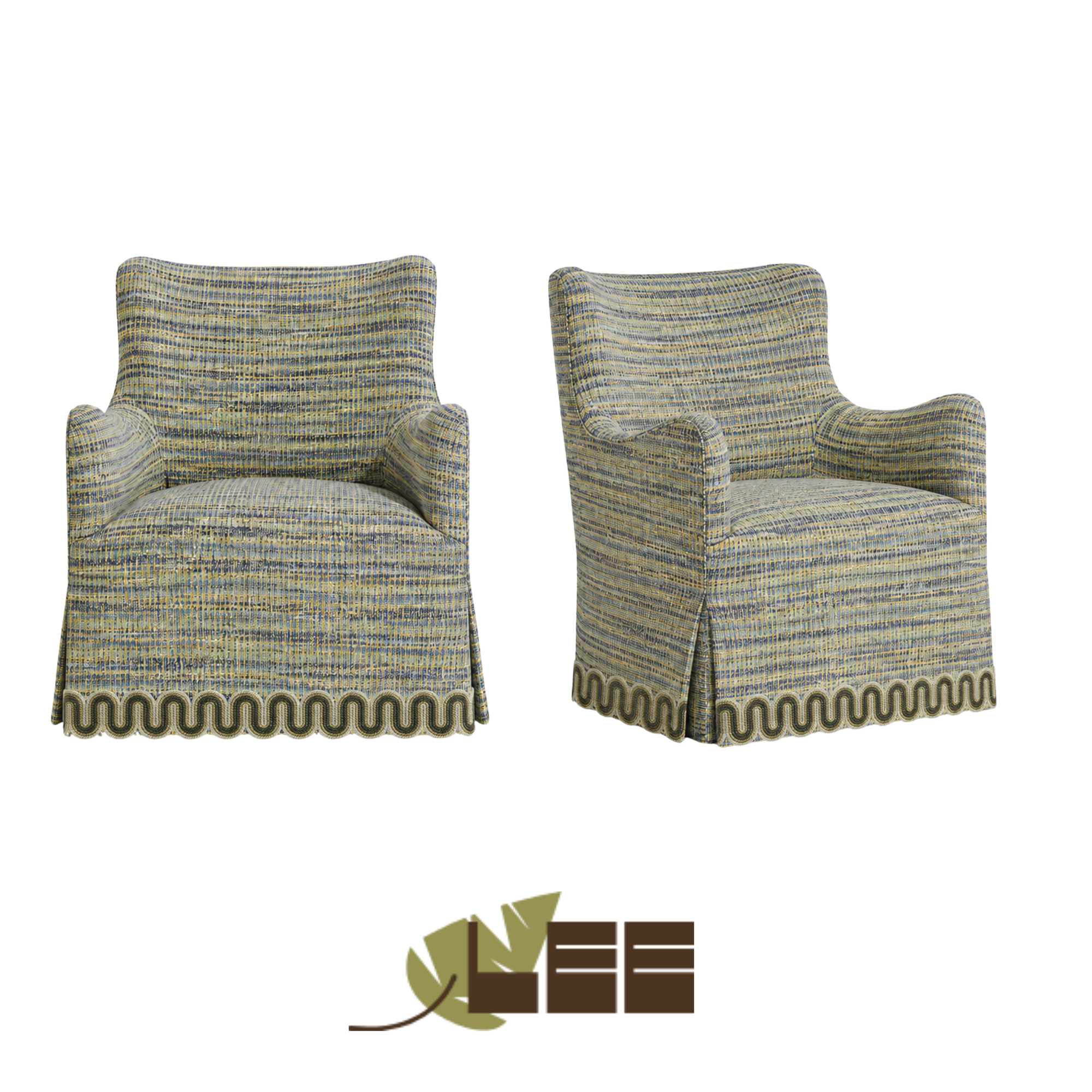 Two custom upholstered patterned swivel armchairs from LEE Industries with a multicolored fabric pattern from Kravet textiles.