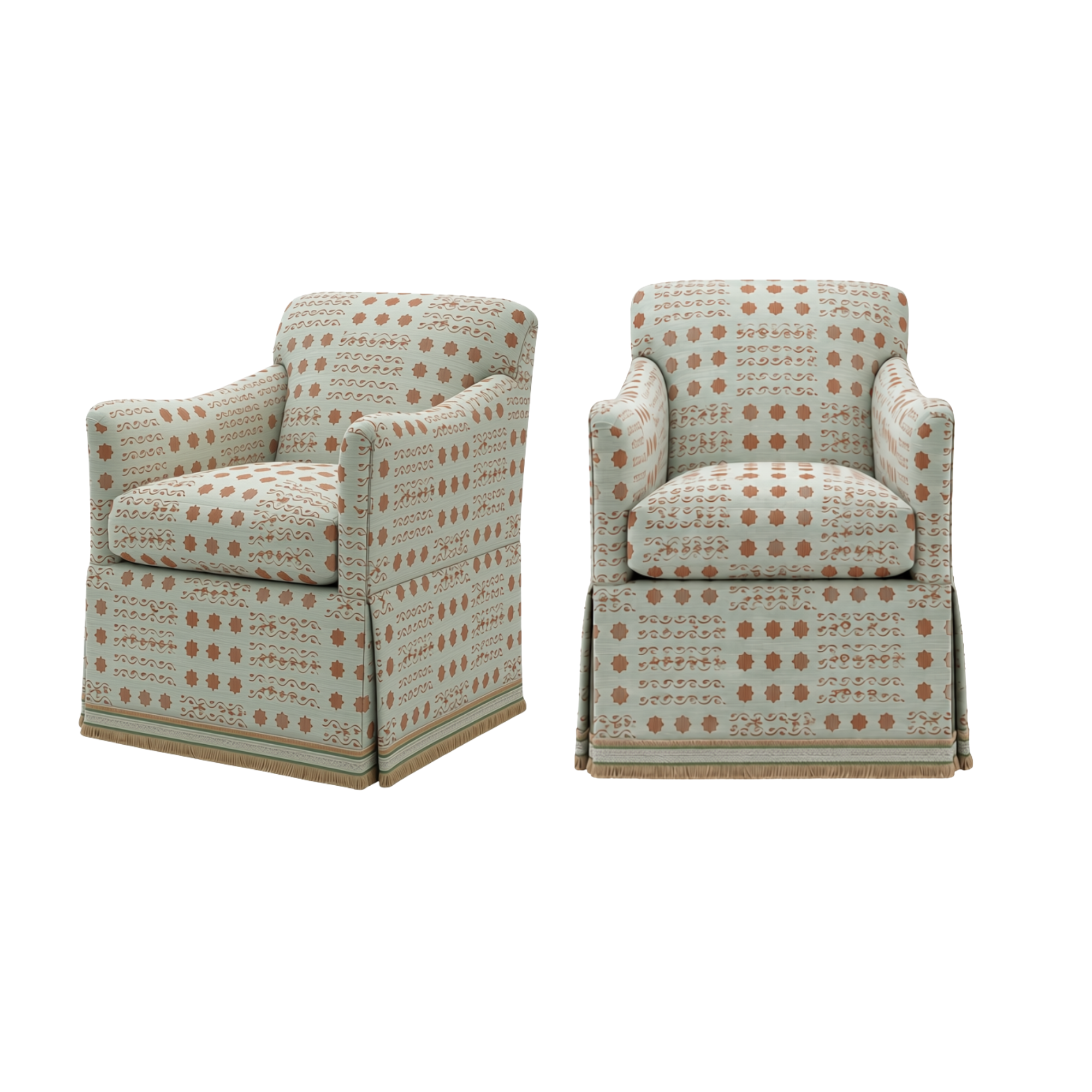 Two custom upholstered swivel armchairs with patterned fabric from Sister Parish, create from LEE Industries.