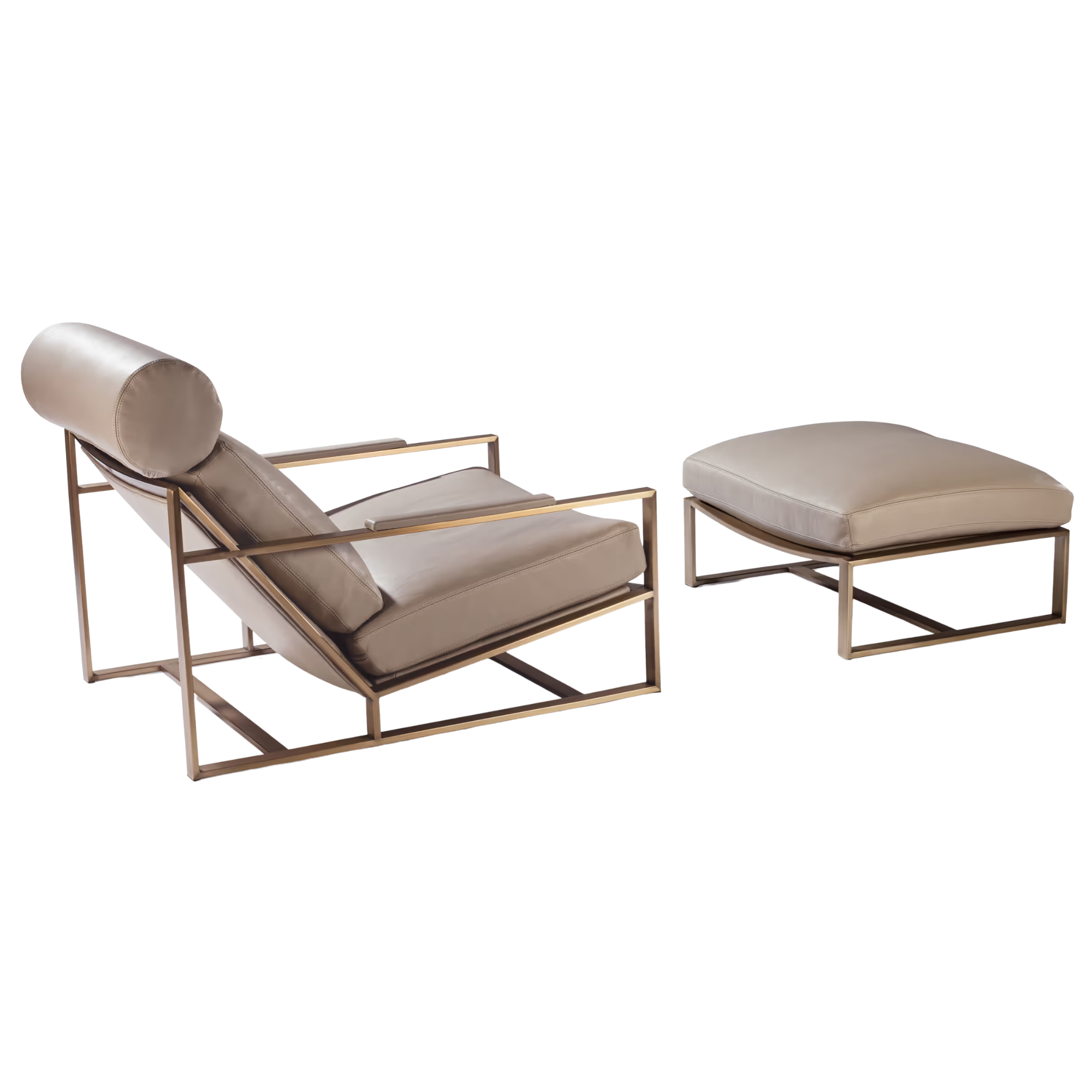 A beige lounge chair with a matching ottoman and a side table custom made by thayer coggin.