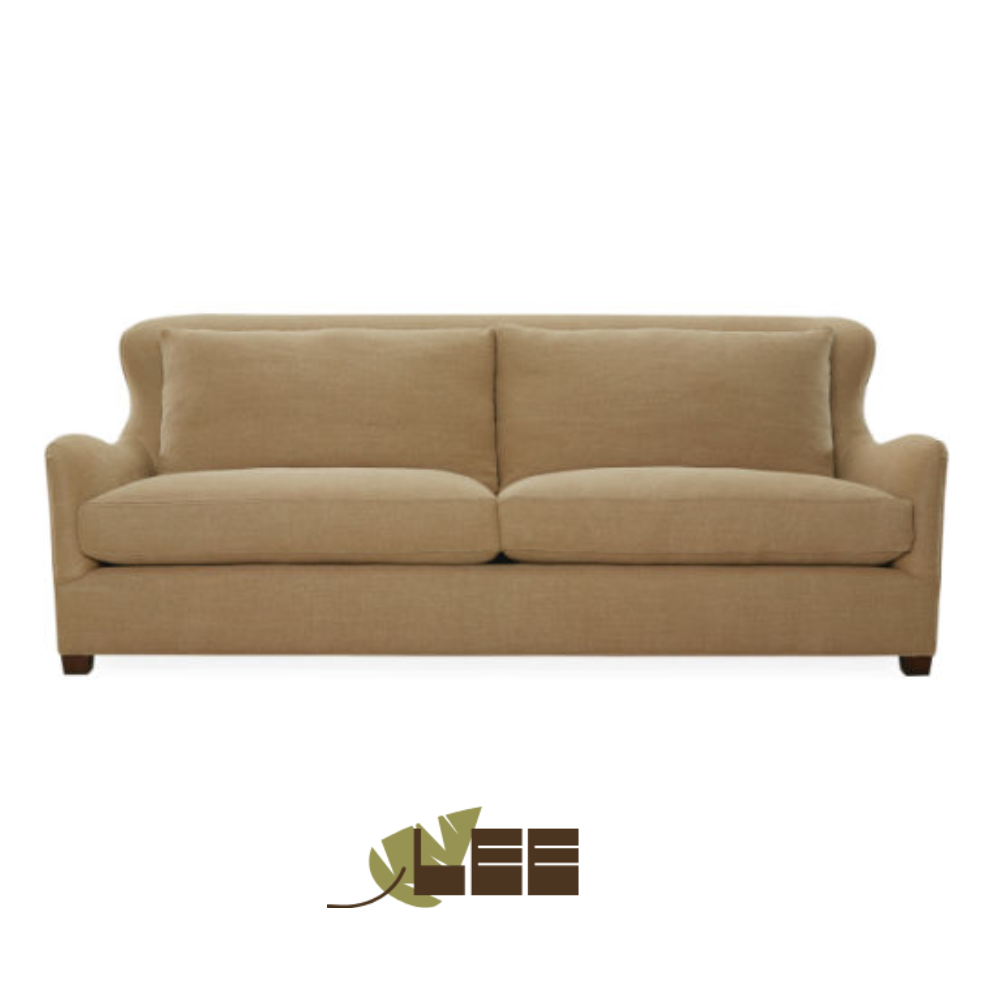 A beige sofa with rounded arms and a tall backrest custom made by LEE Industries.