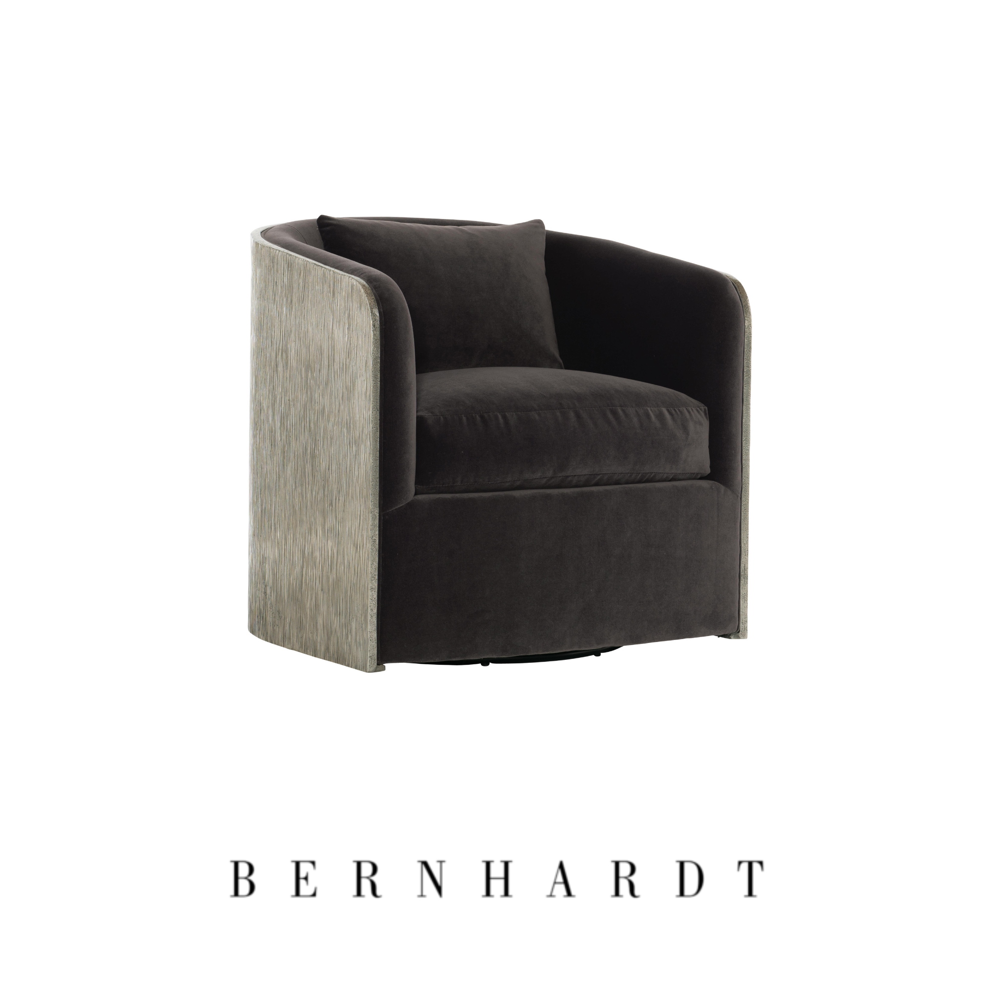 A partial view of a modern armchair with a black cushion against a white background, featuring a textured beige side panel made by Bernhardt Furniture.