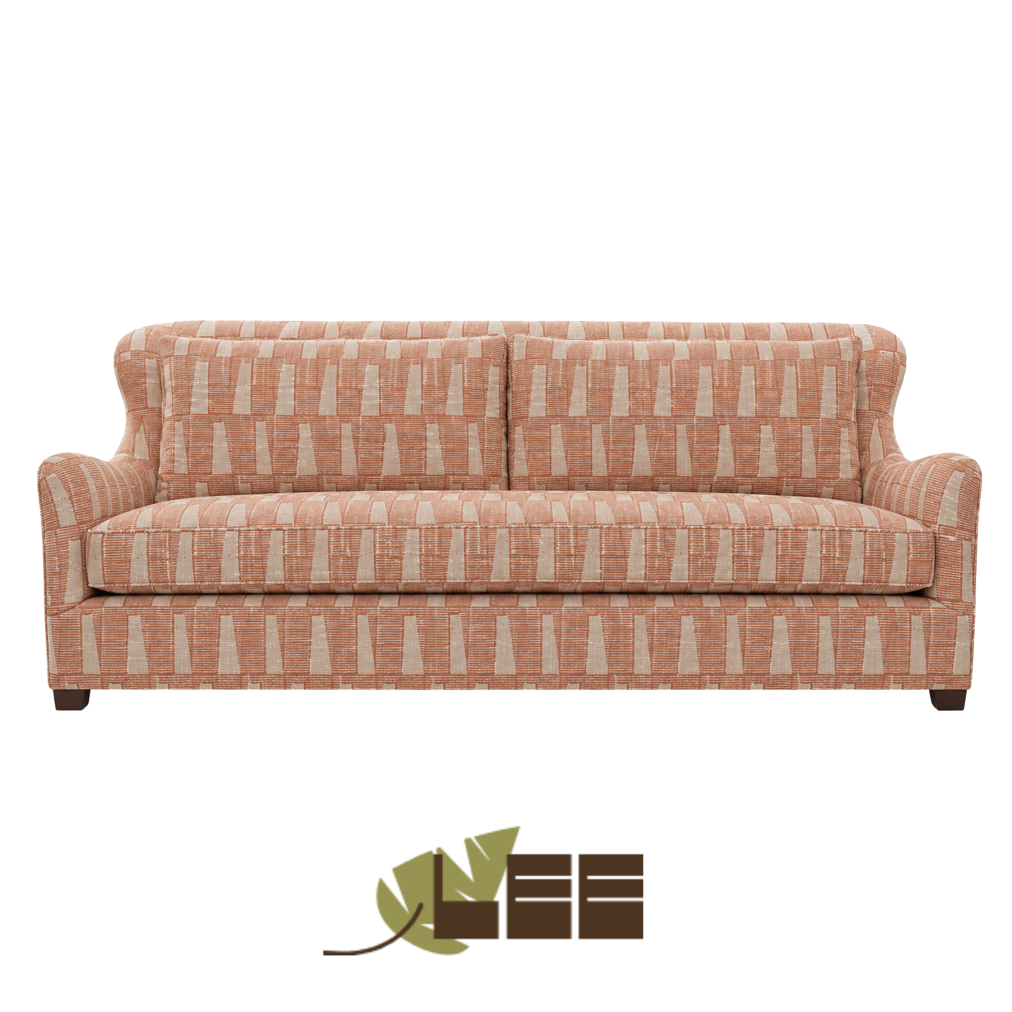 A vintage-style LEE Industries custom upholstered sofa with a patterned orange and beige fabric from Schumacher textiles.